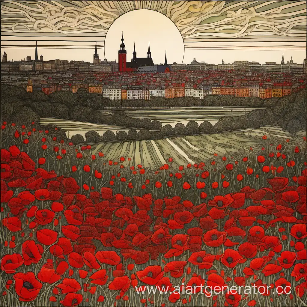 A sunny day, a field of red poppies. Stockholm silhoutte in the backgound. Painting inspired by William Morris 