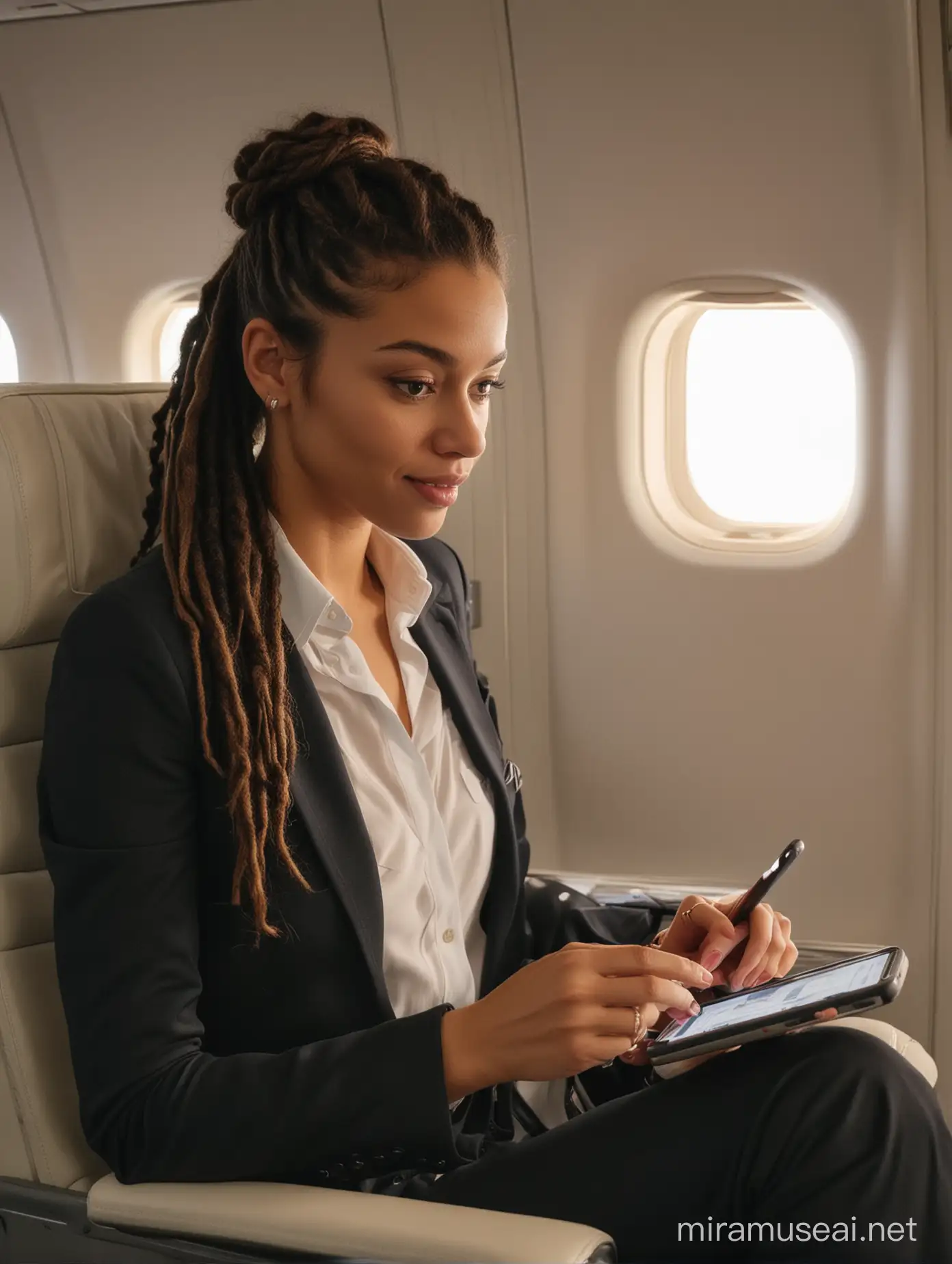 4K full length image of an very beautiful carribean lightskin distinguished woman whith ponytail dreadlocks  is sitting in first class of an Air France long-haul plane, she is texting on her Iphone 15. Professional lighting, night. candid celebrity shots, uhd image, body extensions, natural beauty --ar 69:128 --s 750 --v 5. 2