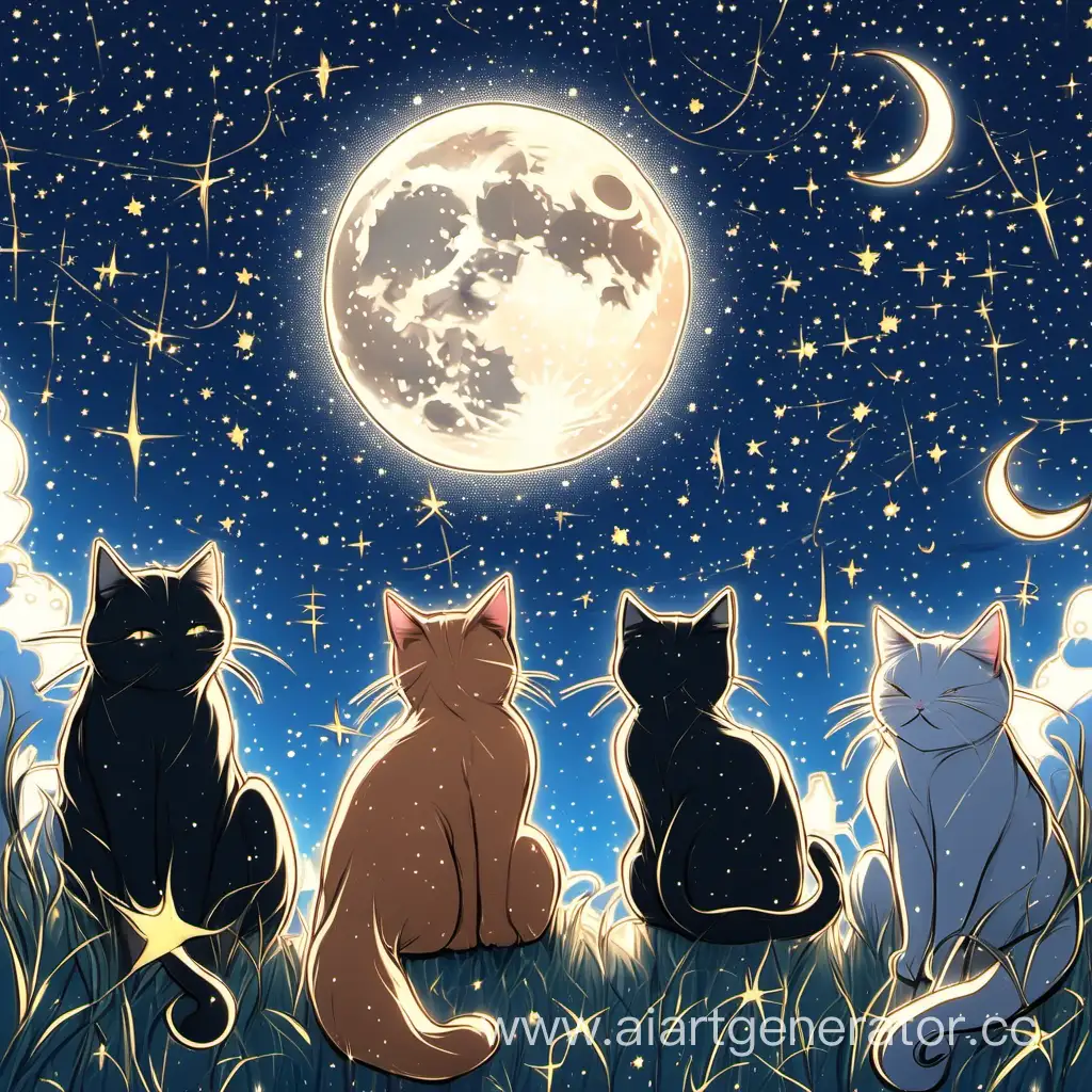 Starry sky, moon, and cats
