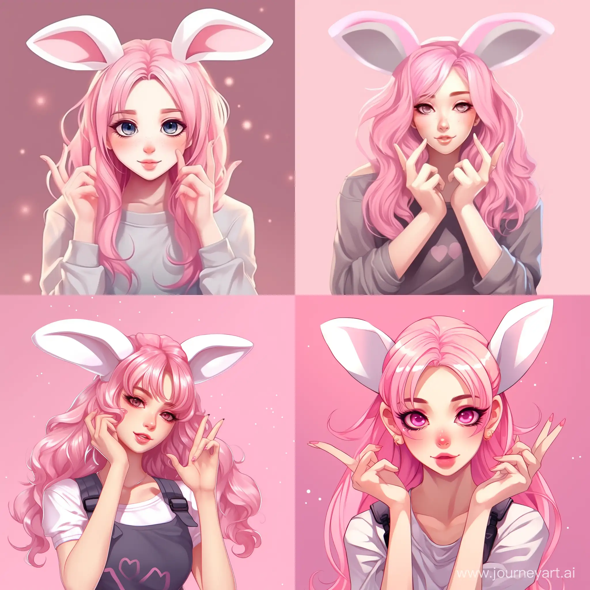 digital art of girl with pink hair, bend with bunny ears on her head, winks, makes a heart gesture with his fingers, in pink pastel colors, cute cartoon style