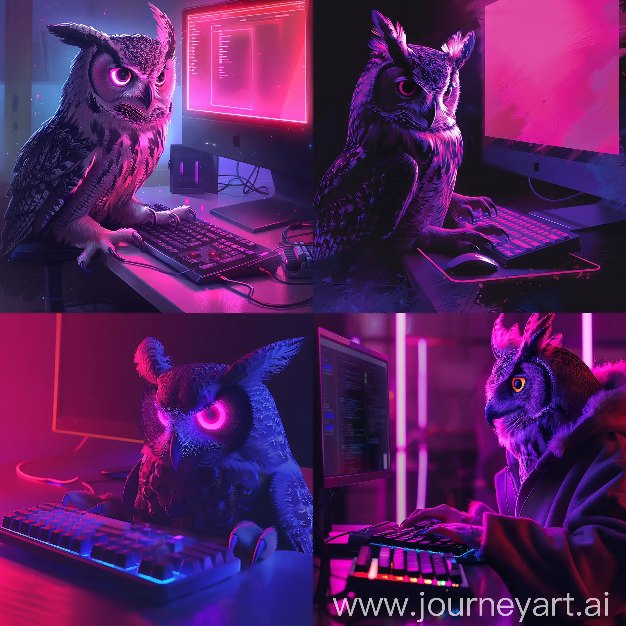 Neon-Lit-Owl-Working-at-Computer