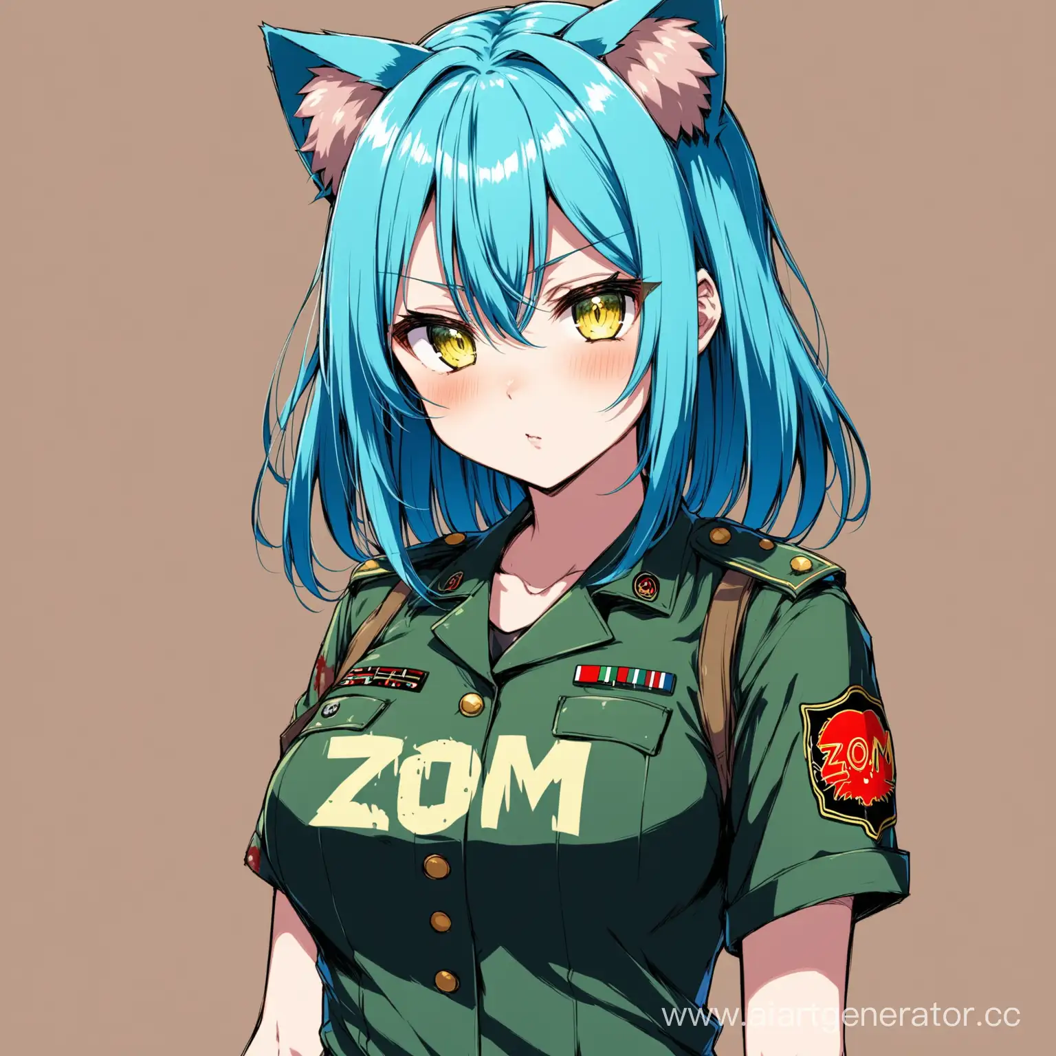 Аниме девушка с кошачьими ушками,голубыми волосами на майке у неё написано ZOM в военной форме