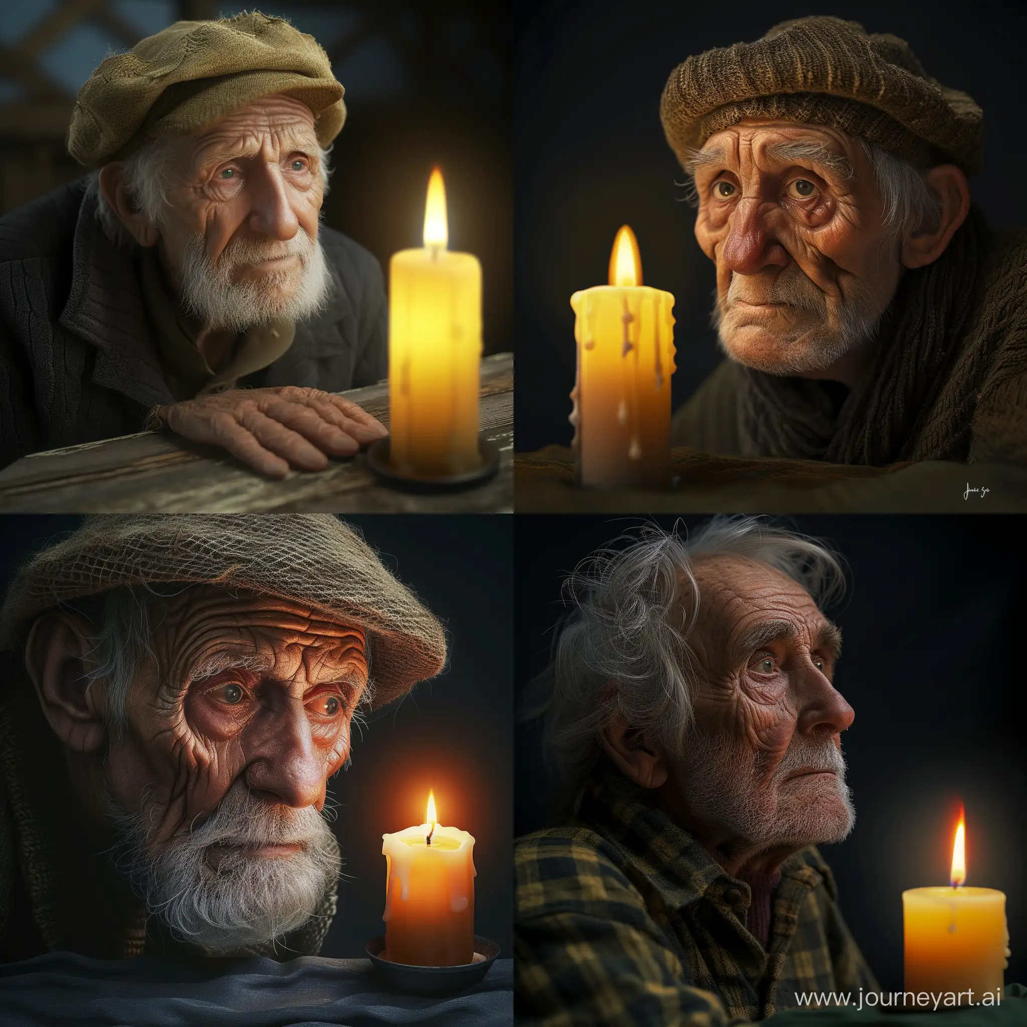 an old man photorealistic next to a candle