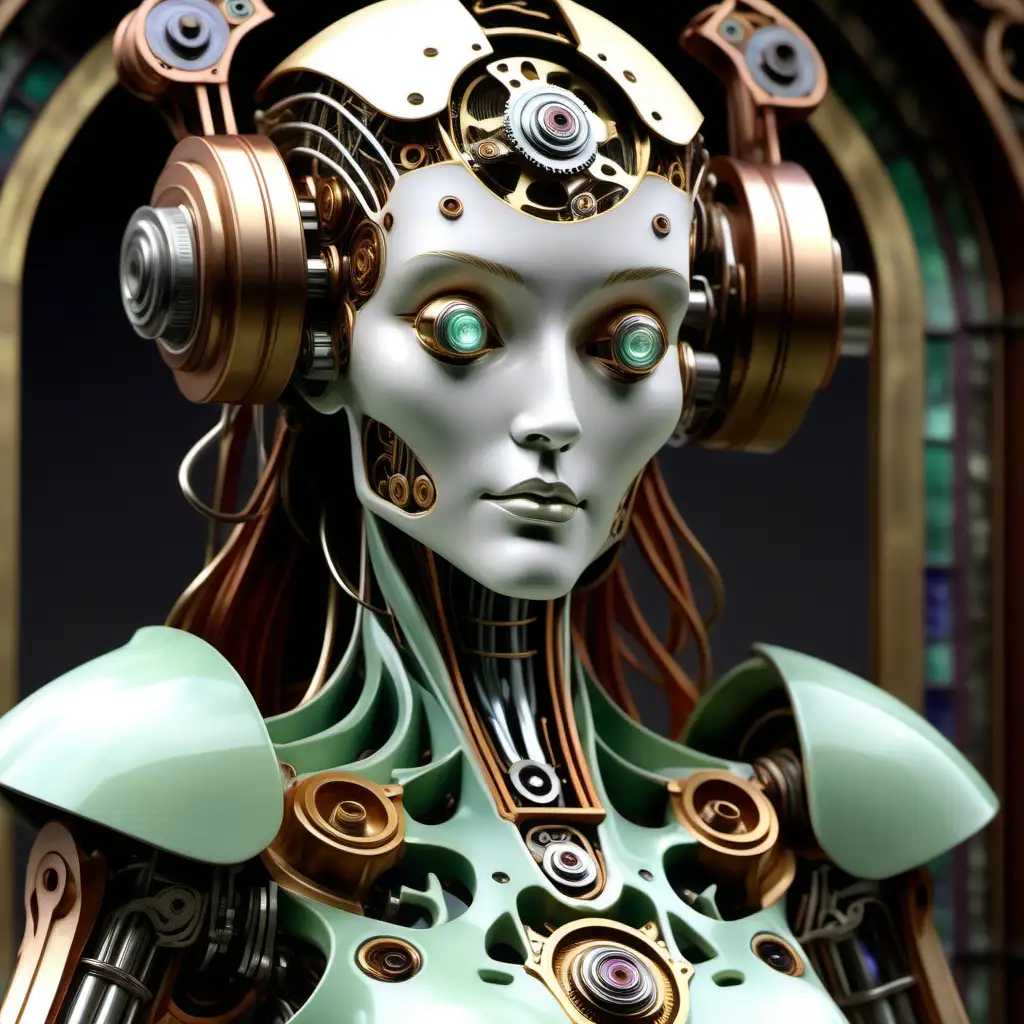 close-up portrait of an ornate art nouveau mechanical android in a dynamic pose, charles lewis tiffany and brian froud style, pistons, mechanical parts, cabbage inspired, porcelain, tortoiseshell, stained glass parts, octane render, 3D, highly detailed, expert, trending on artstation, perfect composition