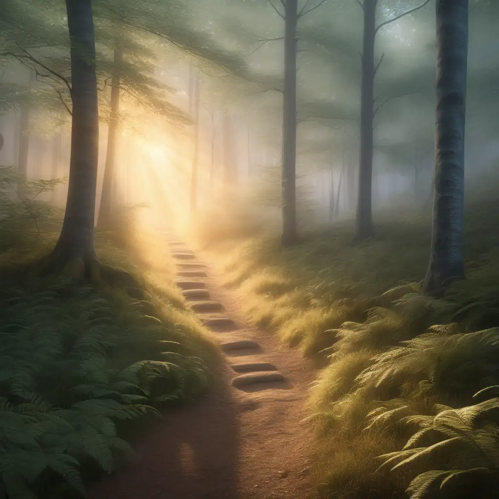 create a realistic image of the first rays of sunlight at dawn piercing through a dense, misty forest that has a narrow, winding path