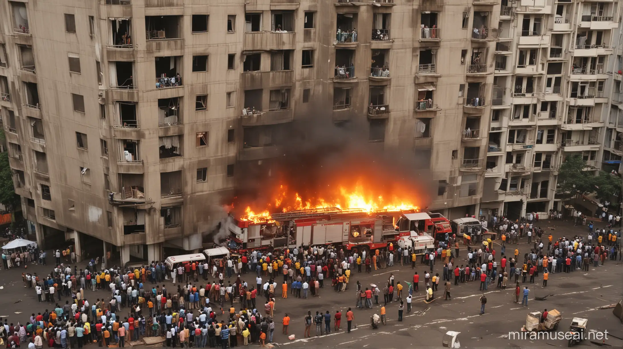 fire on ground floor of 8th floor residential building in mumbai, wide angle shot, some people standing outside building