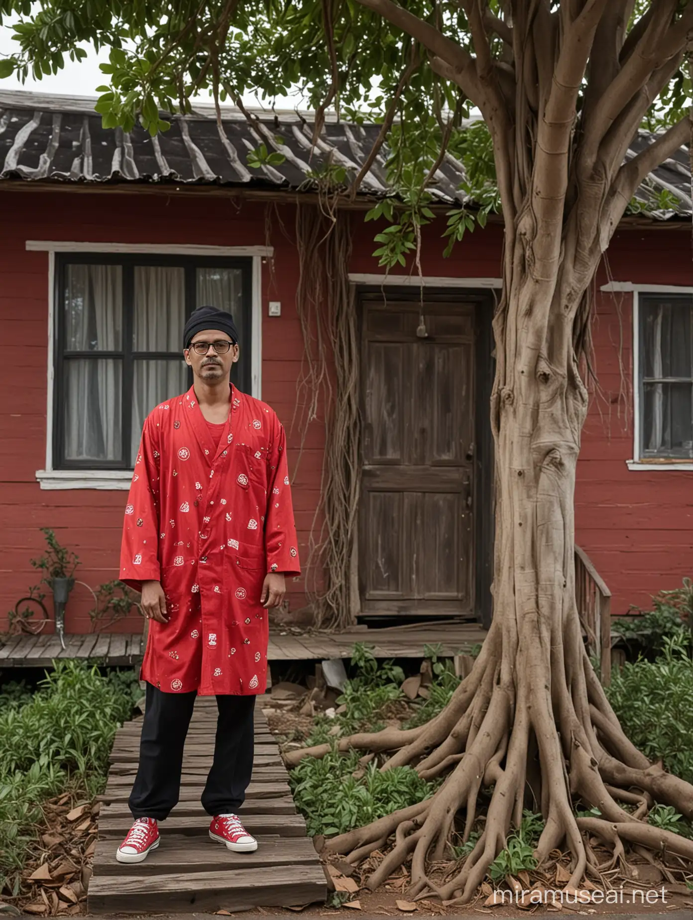 seorang lelaki umur 40 tahun memakai kopiah hitam dan berkacamata bening berwajah sedih memakai baju jubah polos warna merah bermotif liverpool bersepatu converse sedang berdiri di halaman tanah depan rumah papan tua yang mempunyai beranda terhubung ke tangga,atap seng berkarat,bernuansa kampung melayu,ada pohon beringin besar,ada piala di atas meja, realistis,detil,sinematik,bidikan fokus