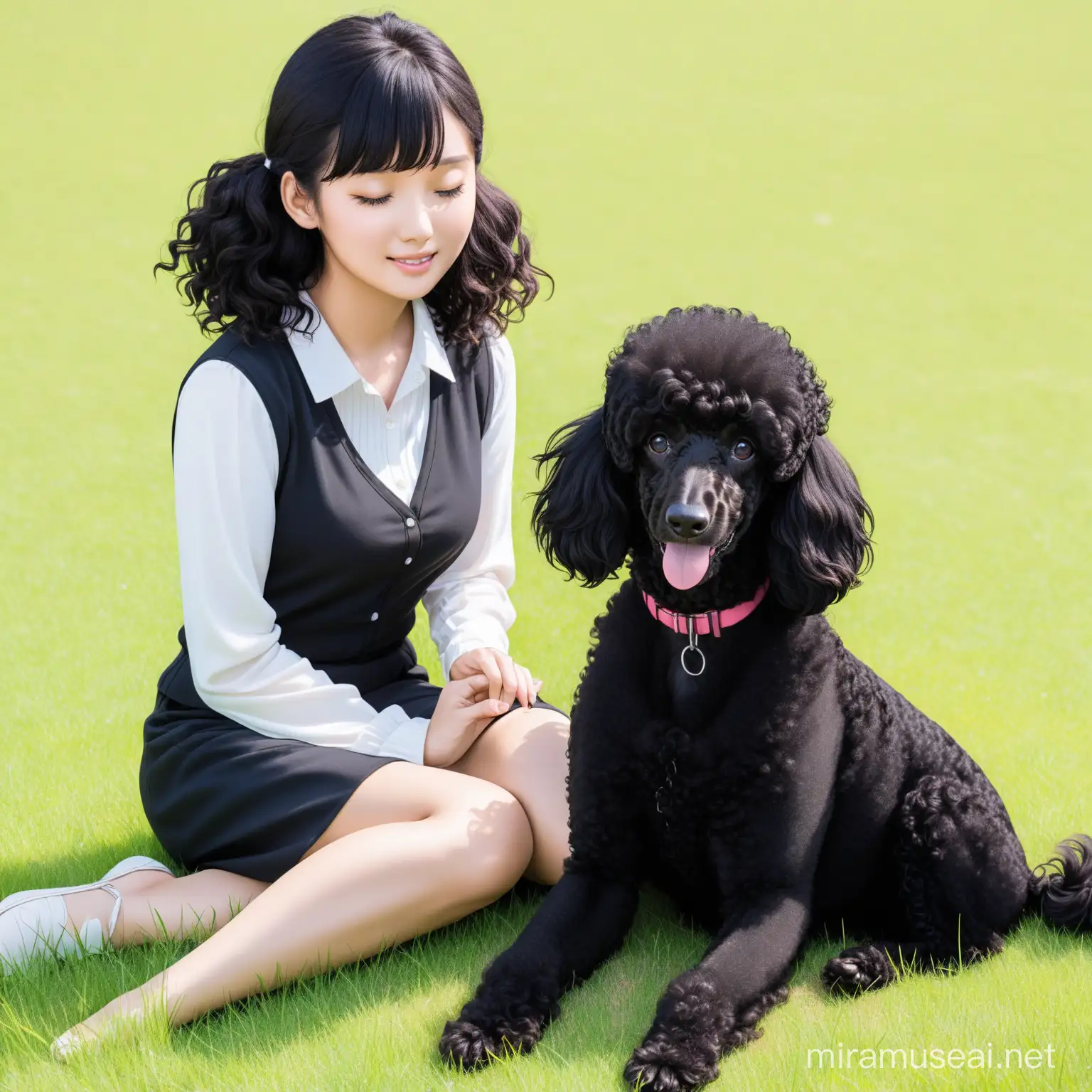 a black poodle and young woman, they are sitting in the grass