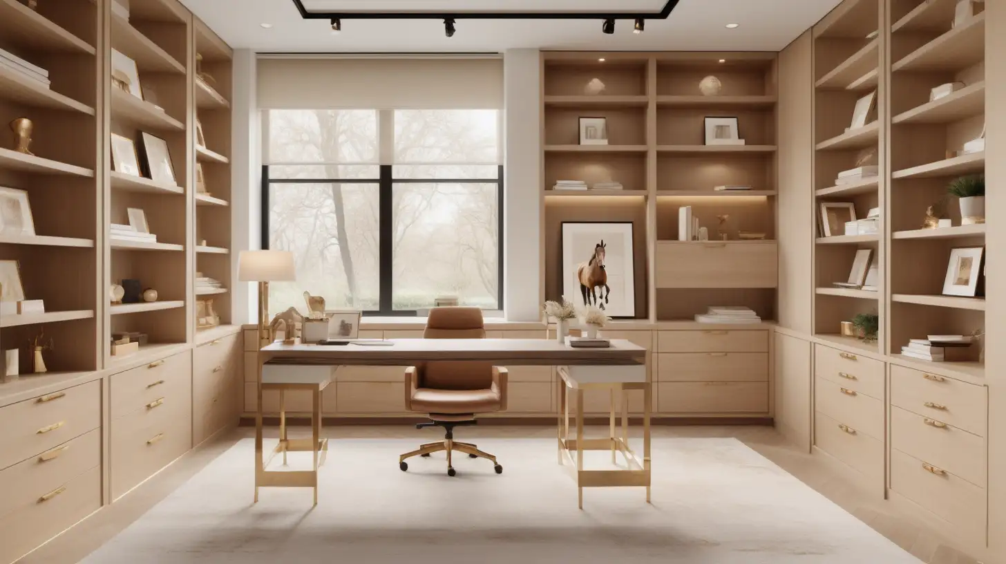 a Hyperrealistic image of an Interior Design firm open workspace for 2 people; floor to ceiling built in shelving with lower drawers; focal horse artwork with picture light above;   beige, light oak, brass,  and ivory colour palette
