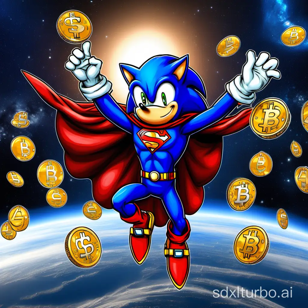 sonic the hedge hog dressed as superman collecting bitcoins in space