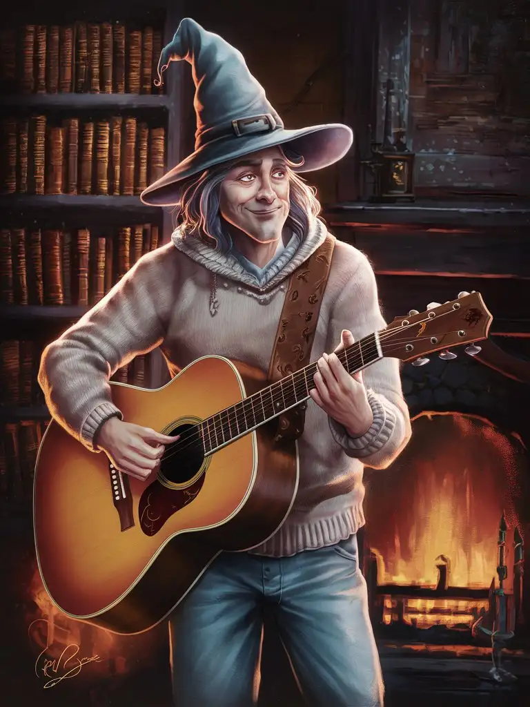 A captivating illustration of a witch wearing a casual outfit while playing a full-sized acoustic guitar. He has a gentle smile on his face and wears a cozy sweater with a pair of jeans. In the background, there's a bookshelf filled with ancient tomes and a warm, inviting fireplace. The overall atmosphere is cozy and nostalgic, with a magical touch to it.
