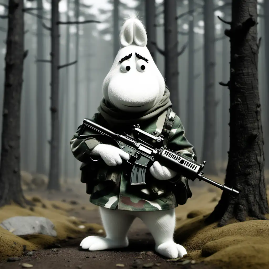 Moominpapa with an assault rifle in his hand. Moominpapa is wearing a military camouflage suit.