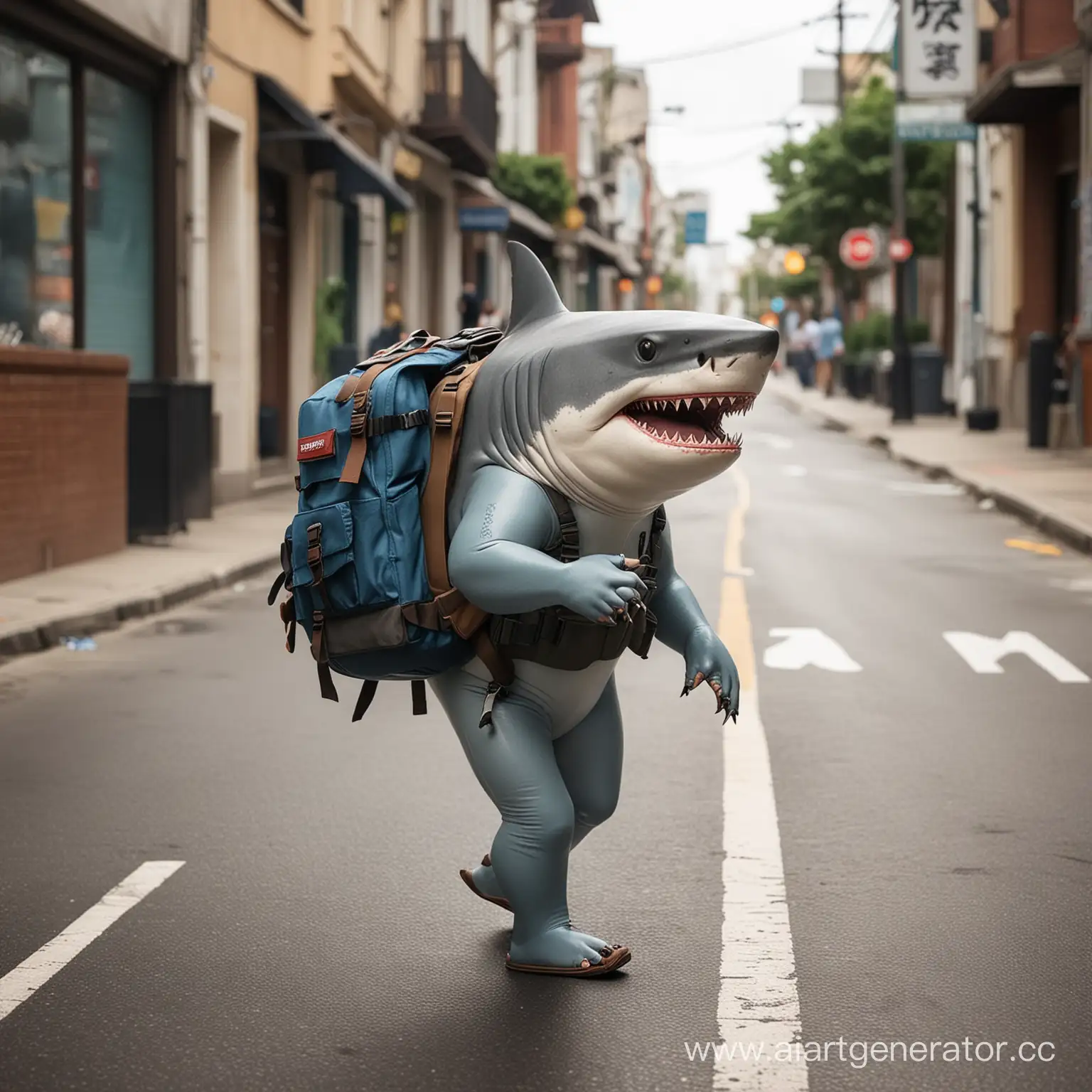 A serious shark with a backpack on his back is walking down the street