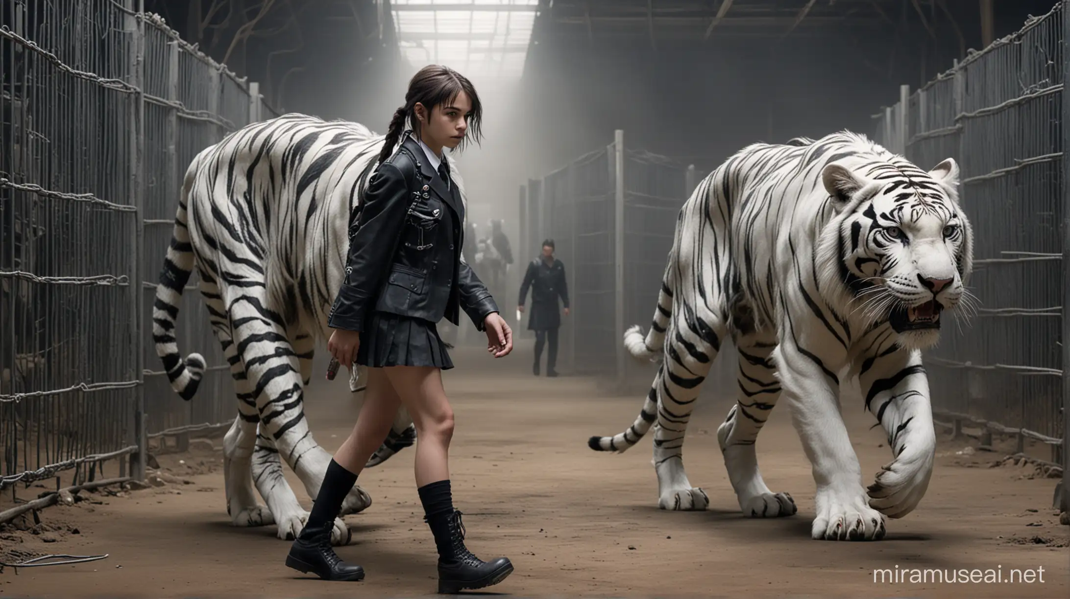 Punk schoolgirl walking alongside a large maltese tiger, participating in an underground cage match, futuristic.