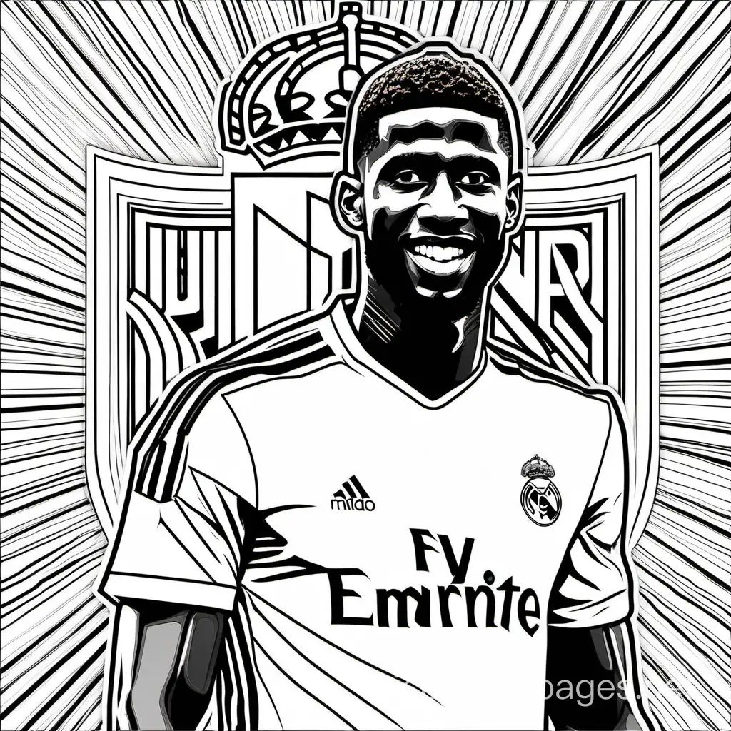 Antonio Rüdiger football real madrid coloring page , Coloring Page, black and white, line art, white background, Simplicity, Ample White Space. The background of the coloring page is plain white to make it easy for young children to color within the lines. The outlines of all the subjects are easy to distinguish, making it simple for kids to color without too much difficulty