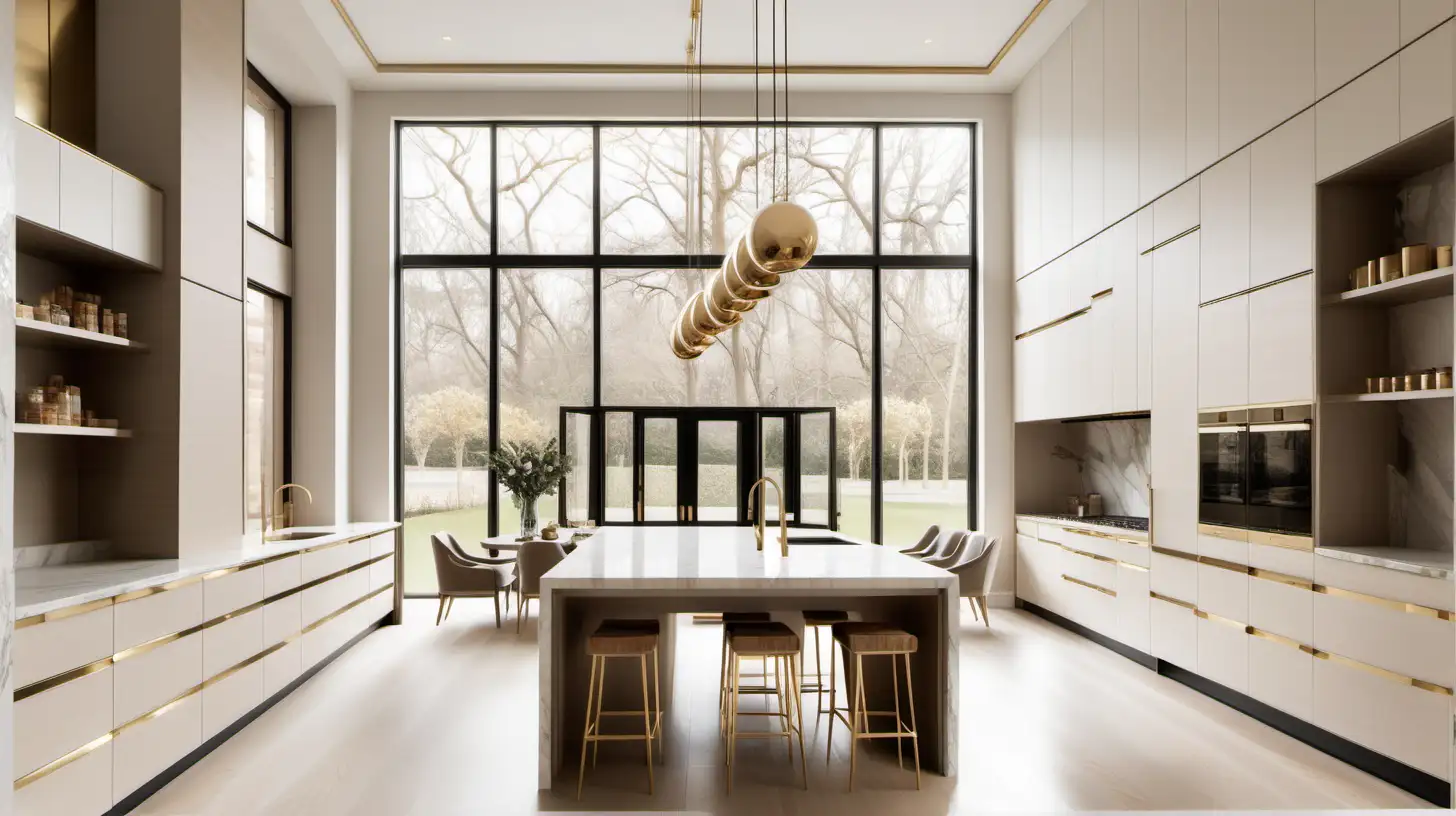 grand Minimalist open Kitchen; double height ceilings; Ivory, oak, brass, taj mahal quartzite colour palette; island with built-in table; oak flooring with brass strip detailing; large windows

