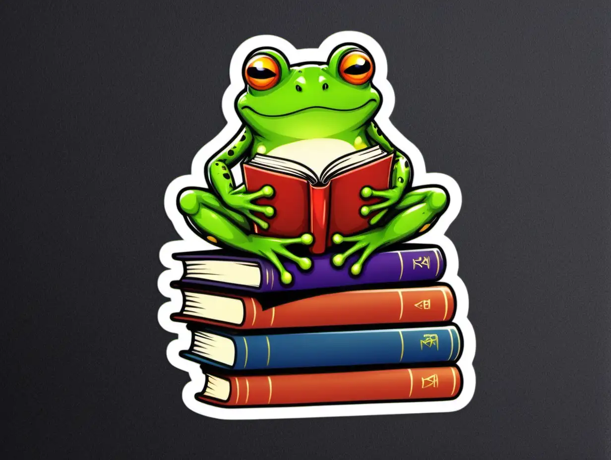 Frog Reading Book on Stack of Books Sticker