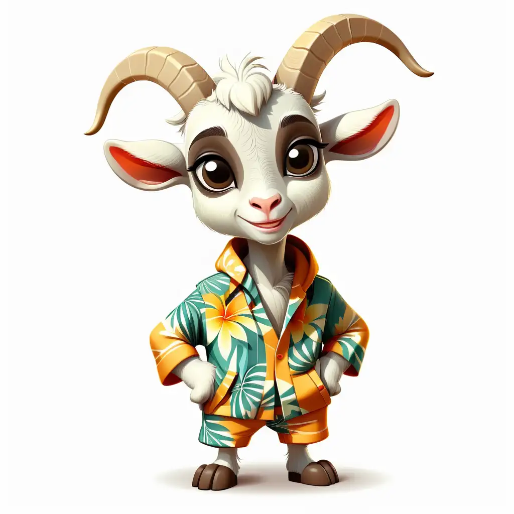 a cute goat in cartoon style with tropical clothes full body clipart with white background
