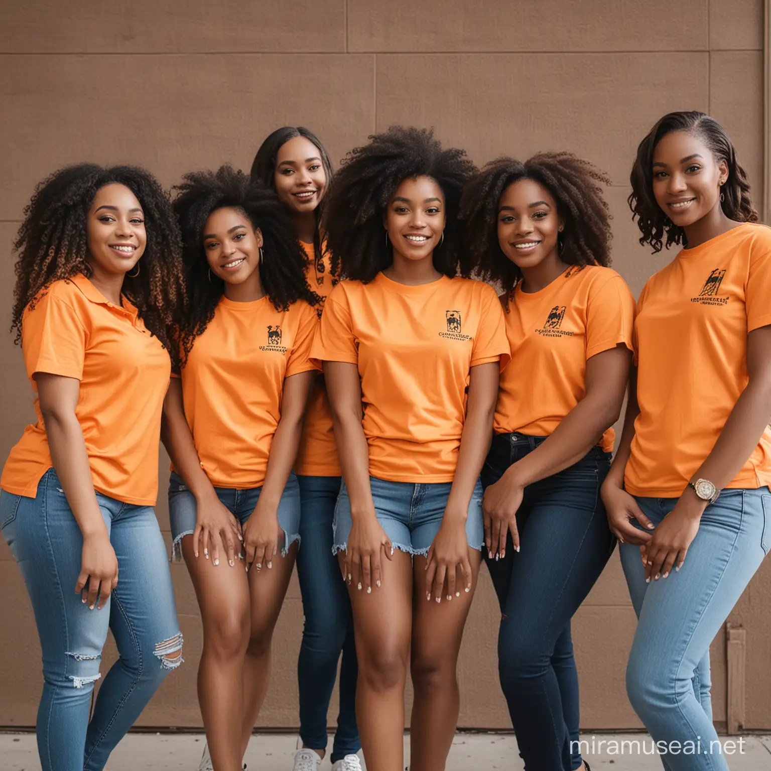 group of young black women and men dressed in orange shirts
