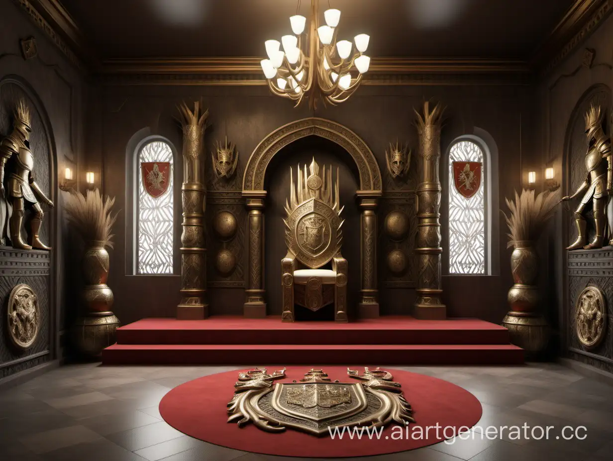 elegant exotic throne room with coat of arms on wall and armor lined on each side of the room

