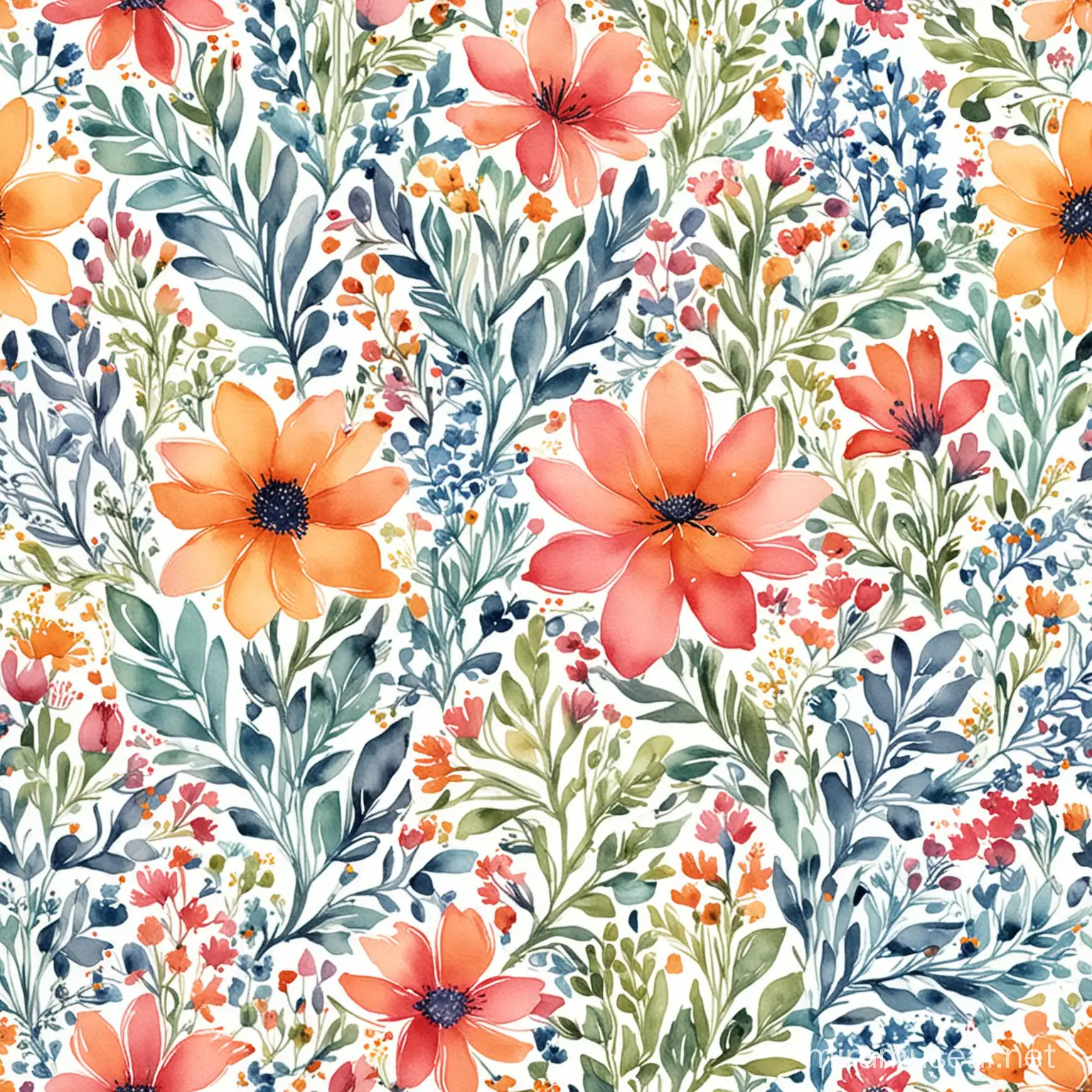 Summer colors watercolor flower pattern with white background. Liberty prints style.