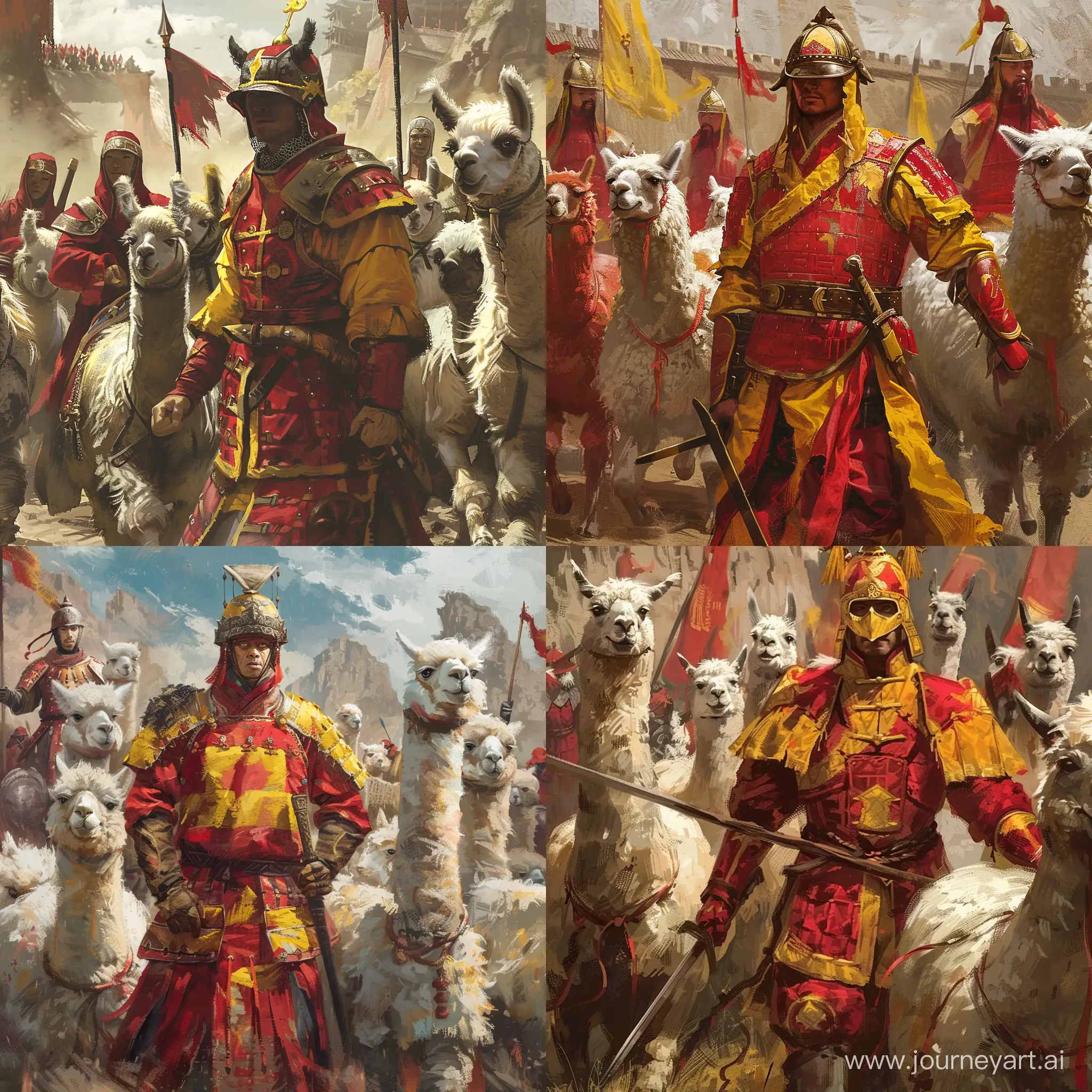 Medieval Chinese solider in red and yellow armour with visor helmet.

He is herding a folk of alpaca warriors.
