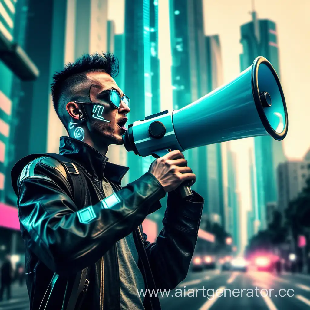 Cyberpunk-Man-Speaking-into-Megaphone-in-Futuristic-City