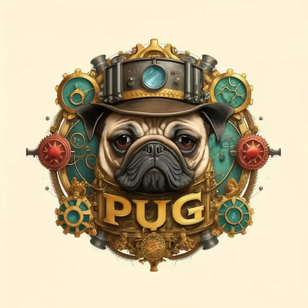 logo, logo, vector steampunk style, ,with the text "PUG.", typography, white background, bright vibrant colors . ultra sharp 3mm outlined lettering and image, full color image fill , ultra-detailed images with sharp lines and textures, capturing every detail with precision, ultra fine sharp outlined image , no copyright, no watermark, , , with the text ".", typography