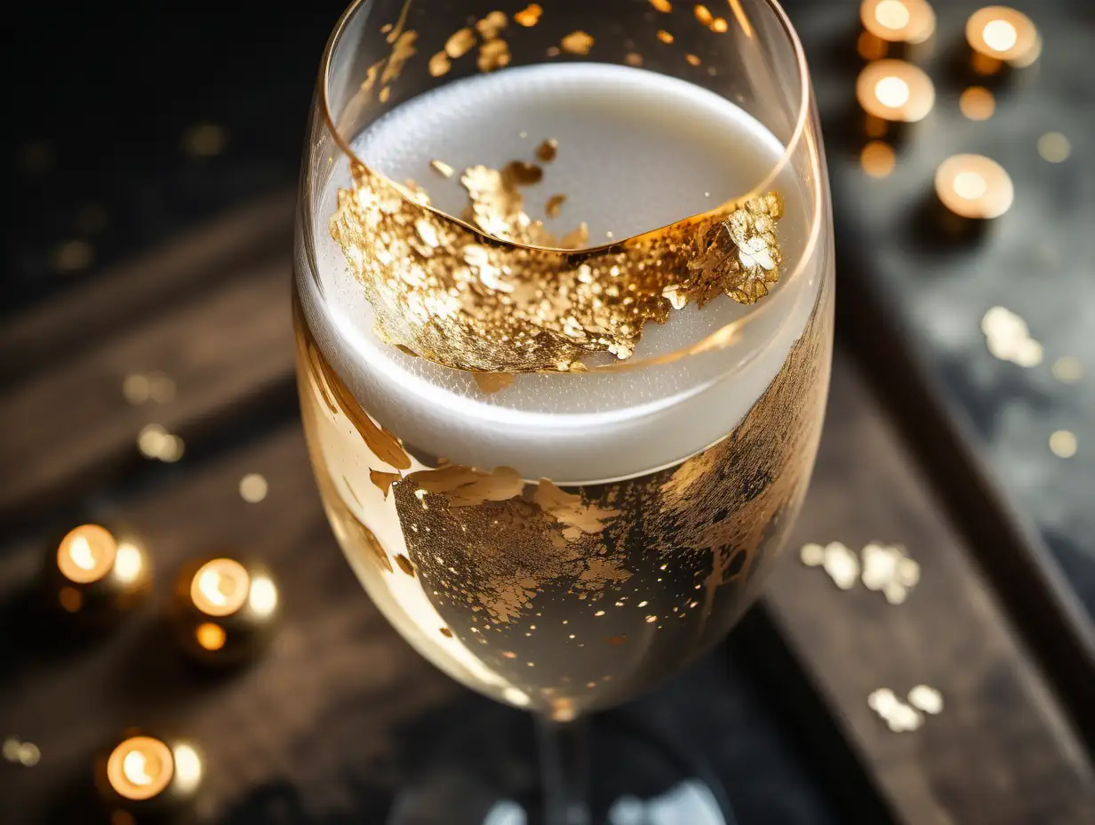 glass of champagne with gold foil flakes garnish inside glass, Rustic kitchen with brass hardware in background. neutral tones. ambient, moody lighting. close up of gold foil inside glass, artistic, view from above angle