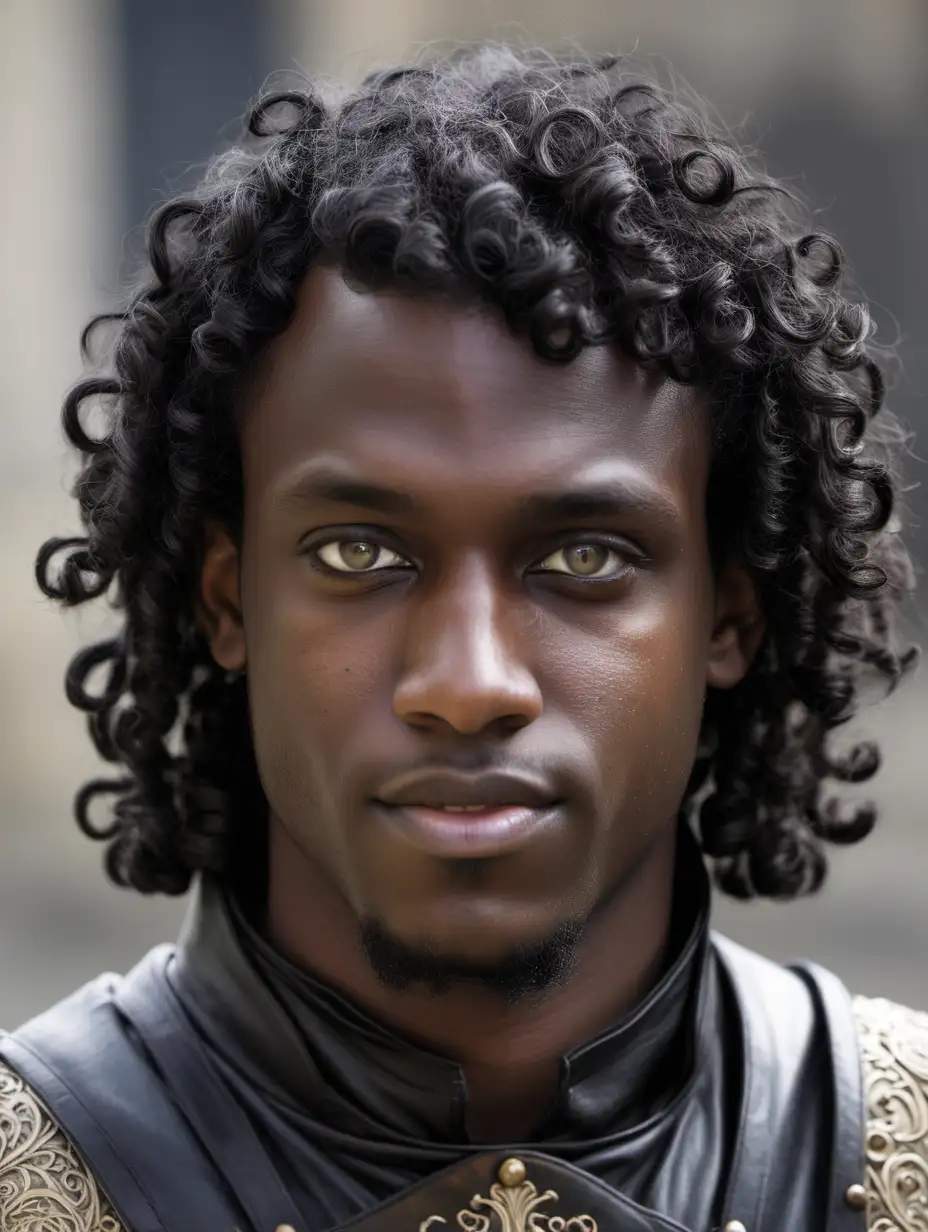 dark skinned 28 year old man, gray eyes, curly black hair, wearing medieval leathers, head and shoulders portrait