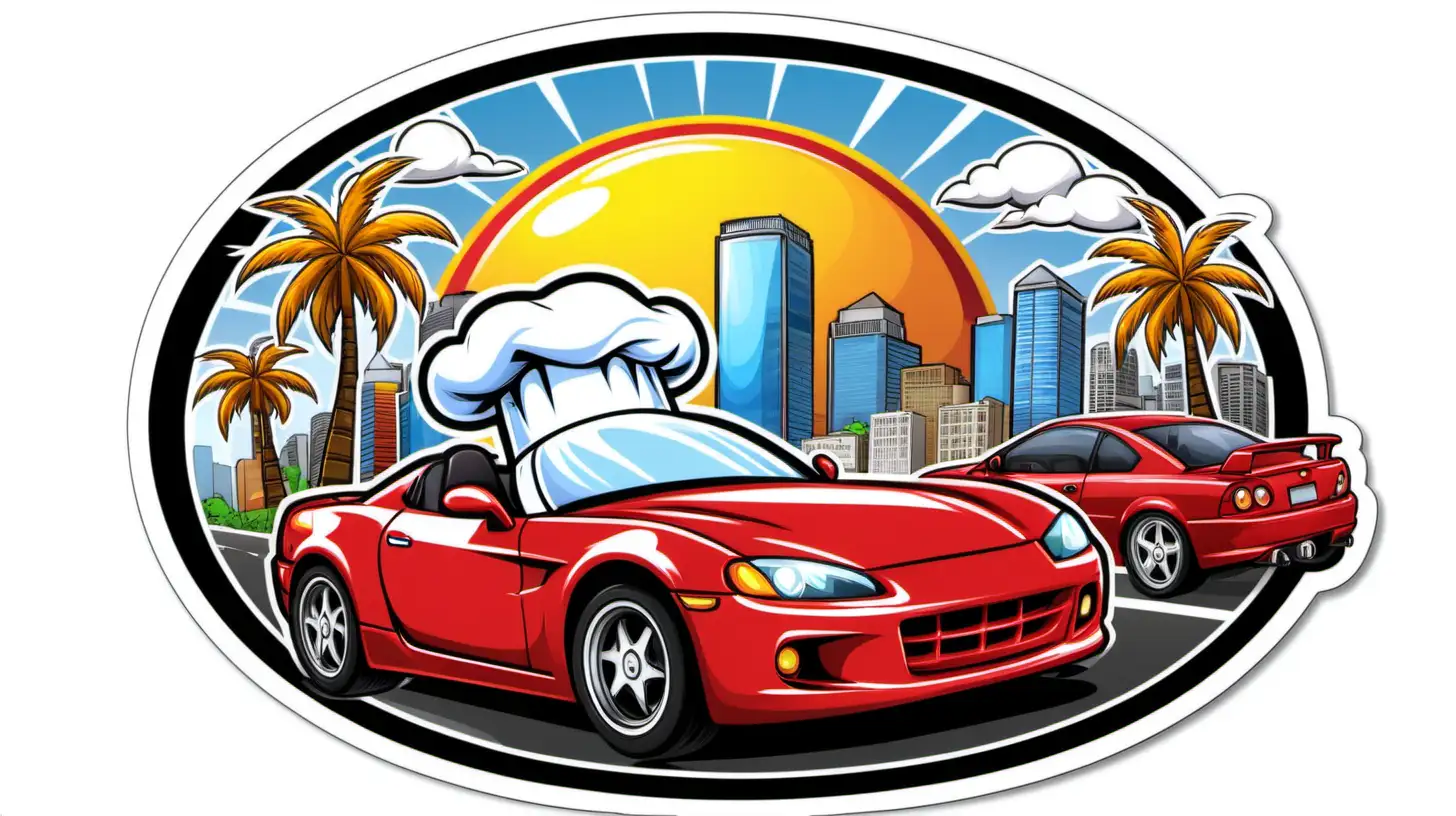 Fast Red Sports Car Driving Through Sunny City Skyline with Palm Trees