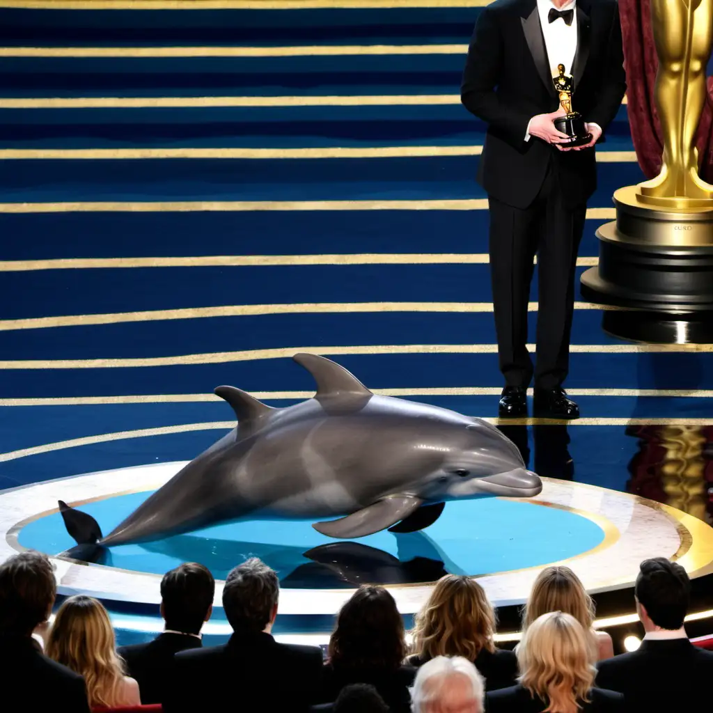 a porpoise on stage at the oscars getting an award