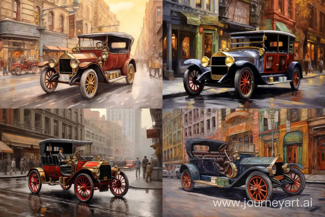 A Hupmobile Model 20 (1909-1911) on the street in a city, outsider art style --ar 3:2