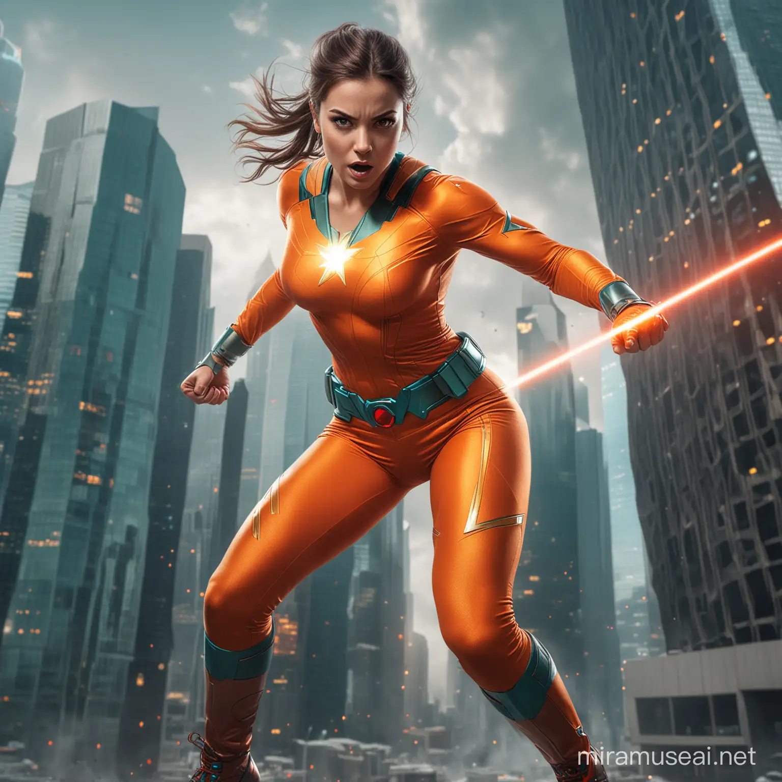 petite female super hero with glowing red laser eyes, wearing orange and teal tight clothing, angry,  flying over skyscrapers, full body