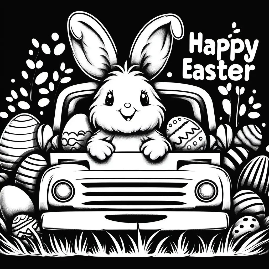 Joyful Easter Bunny in a Vintage Truck Whimsical Black and White Illustration with Thick Outlines
