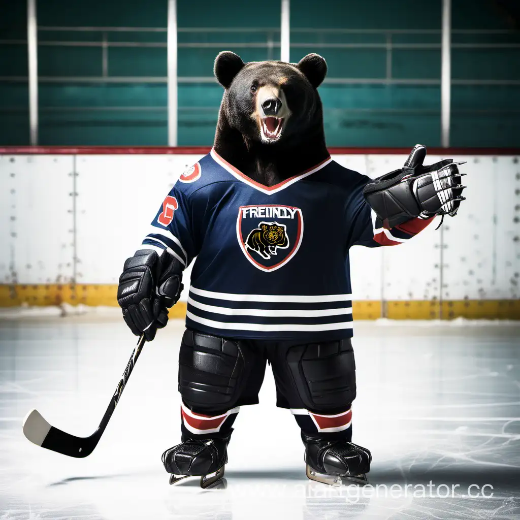 a friendly black bear in a ice hockey uniform smiling, holding arm up