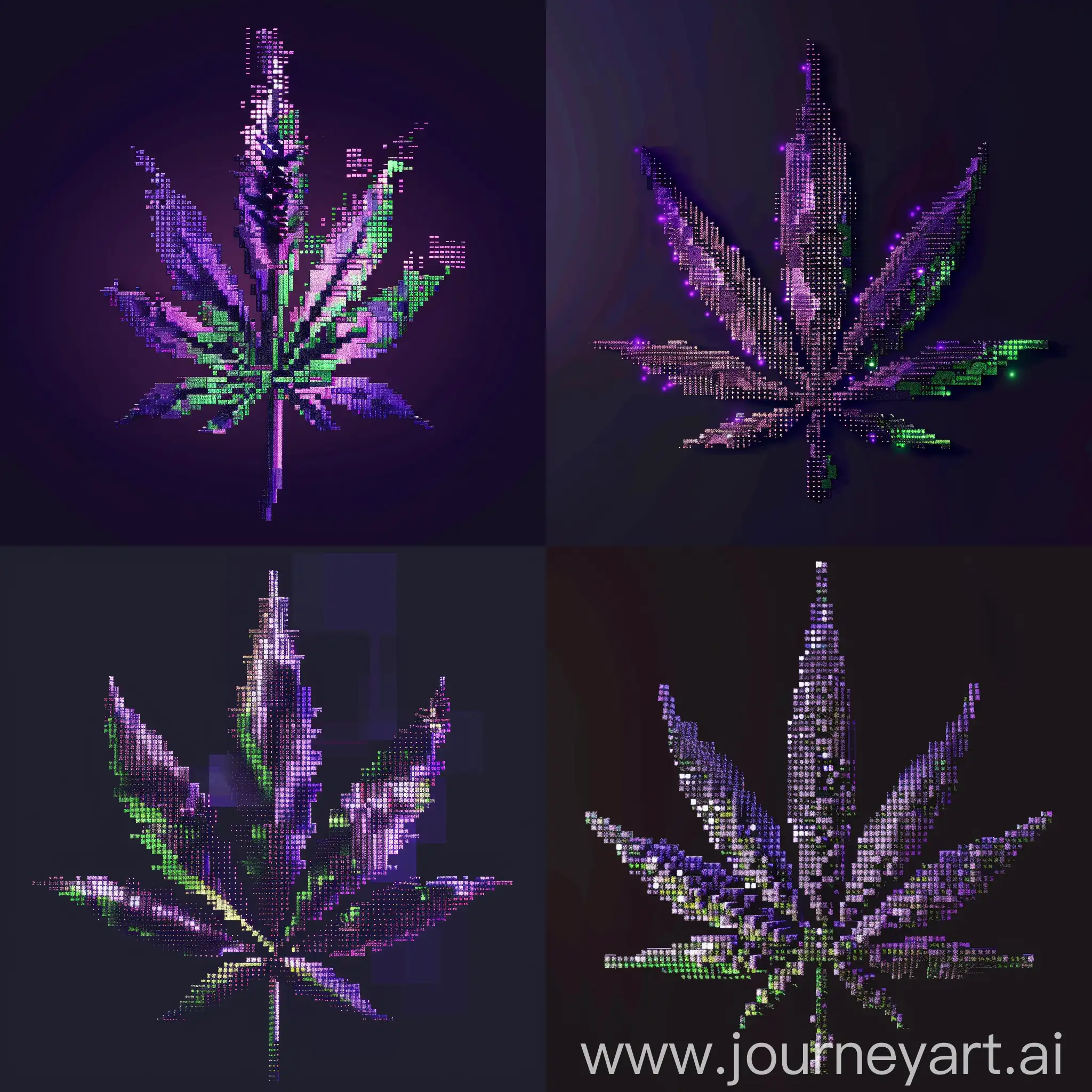 a crpyto token logo that is a pixelated 3D marihuana leaf in purple and green colors