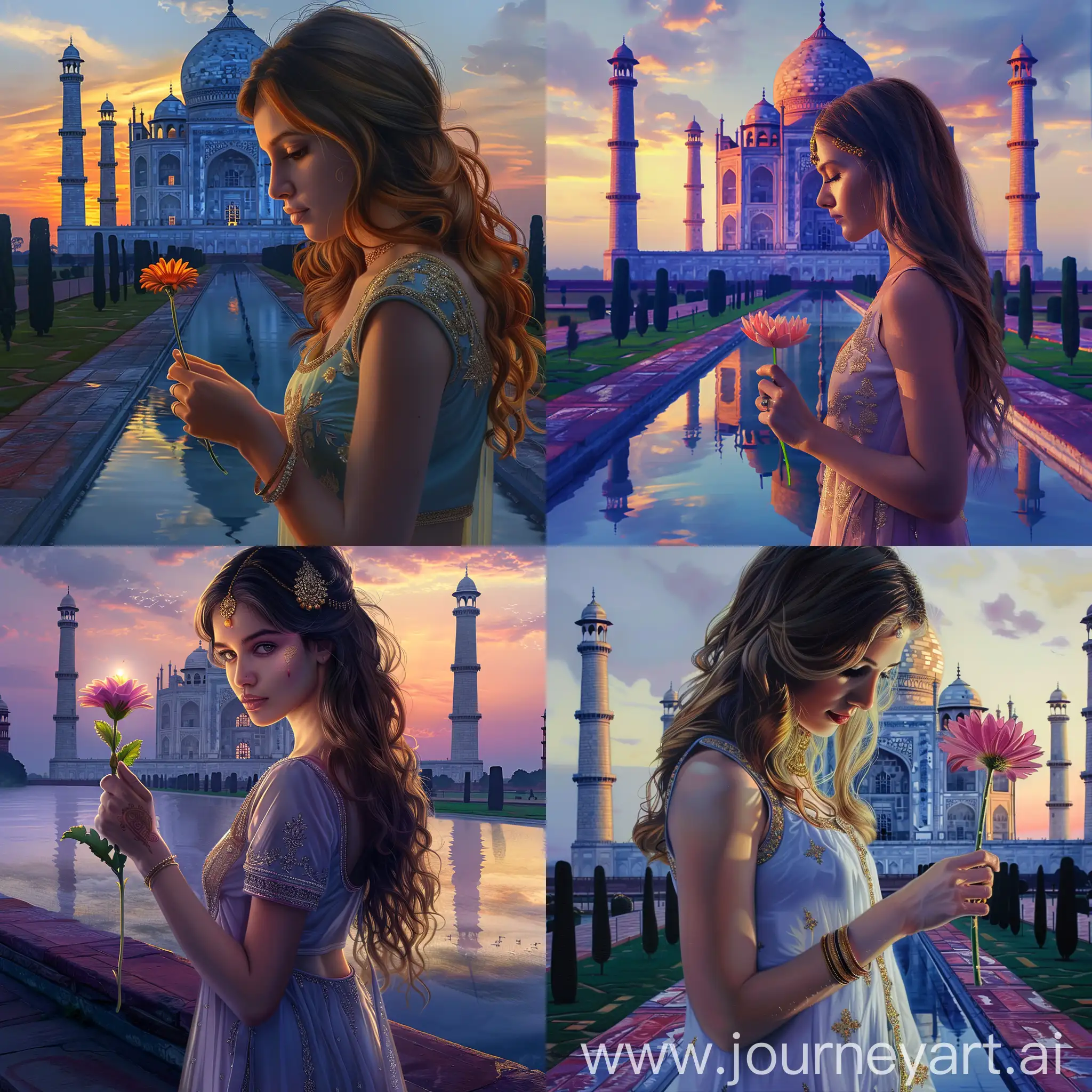 Hyper realistic beautiful girl holding flower in front of Taj Mahal at the evening time.