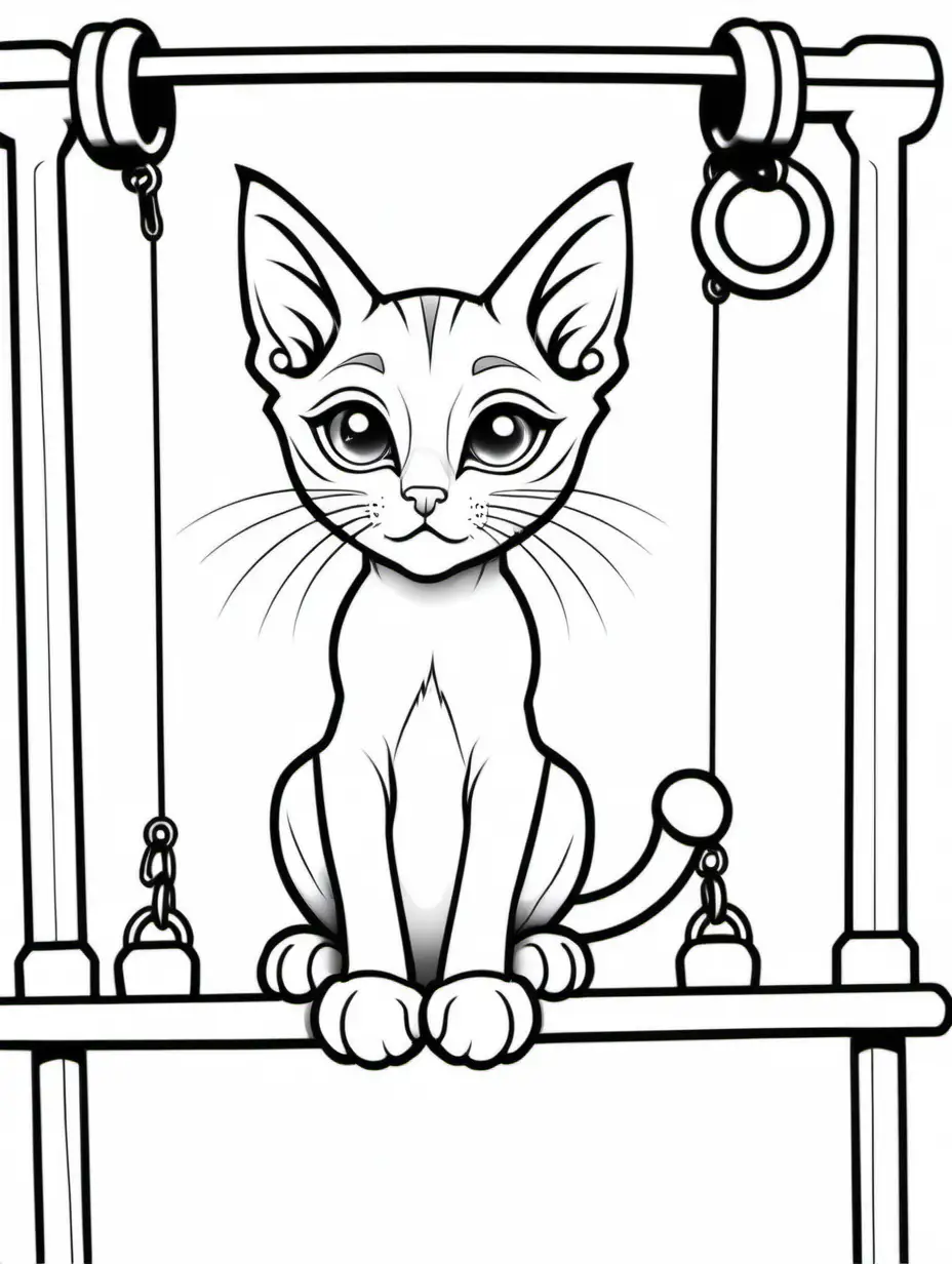 Colouring page, cute , Abyssinian , kitten, on  a cat gym ,white , black outline,thick lines, white background, low detail, no shading , colouring page