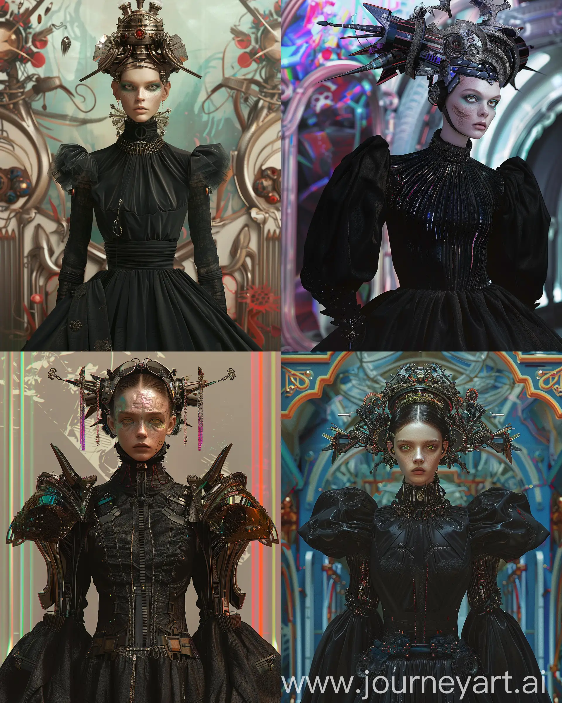 dark Fashion model lady as eerie android creature in a sleek black merge dress with accessories and futuristic armor, inspired by Anne Bachelier, Aaron Horkey, Josan Gonzalez, and Ian McQue. Crispy, detailed image with colorful, fashionable elements. Background matches the theme, with subtle hints of android nature and futuristic setting. Elaborate metallic head accessories for added contrast and style, focuses on a single lady, crowned with an even wider, highly details.perfect eyes, skin blemish, detailed skin. --ar 4:5 --style raw