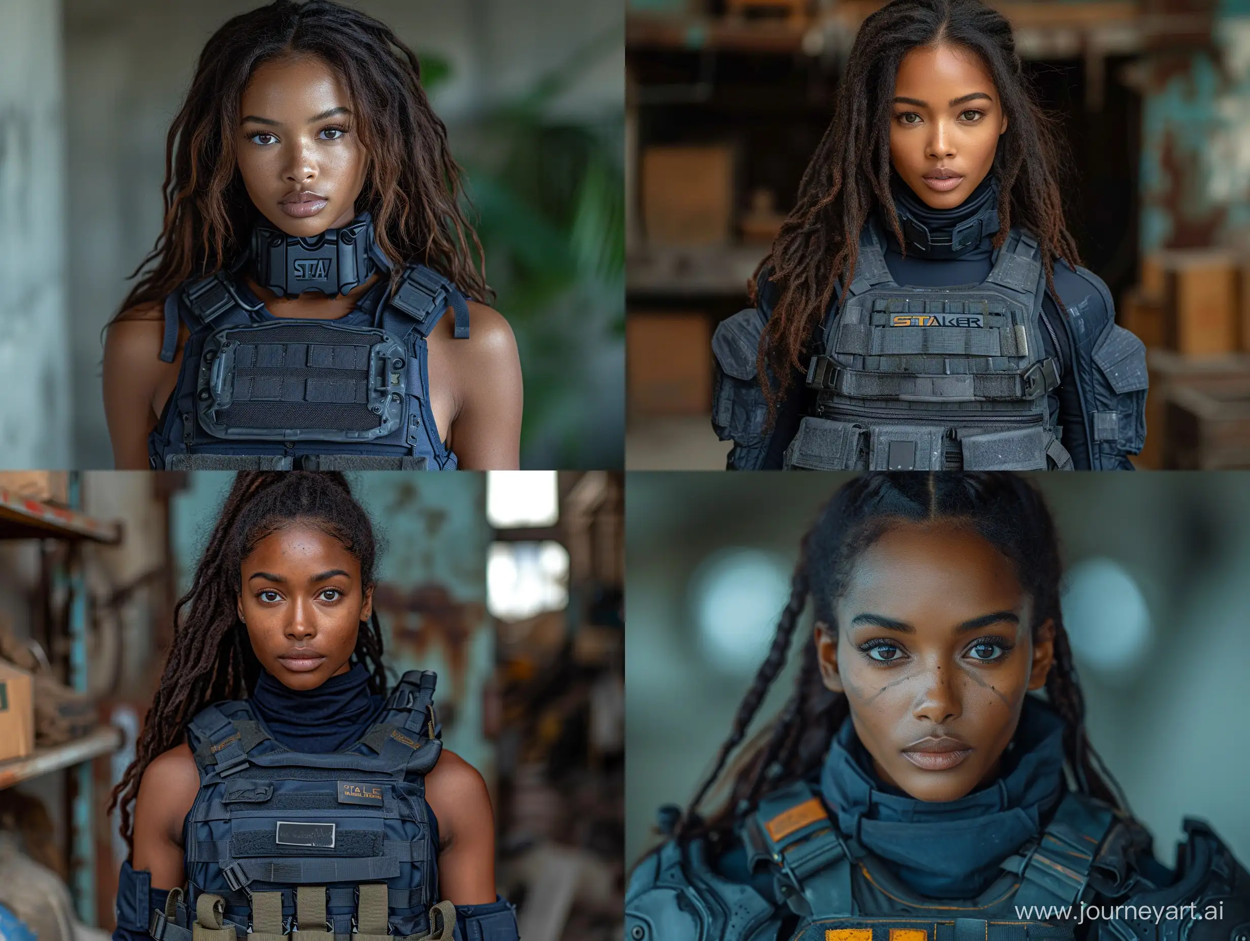 beautiful ebony skin female Sheva Alomar in S.T.A.L.K.E.R mercenary neckline in darkblue tactical equipment platecarrier dark room --s 999 --style raw --v 6
