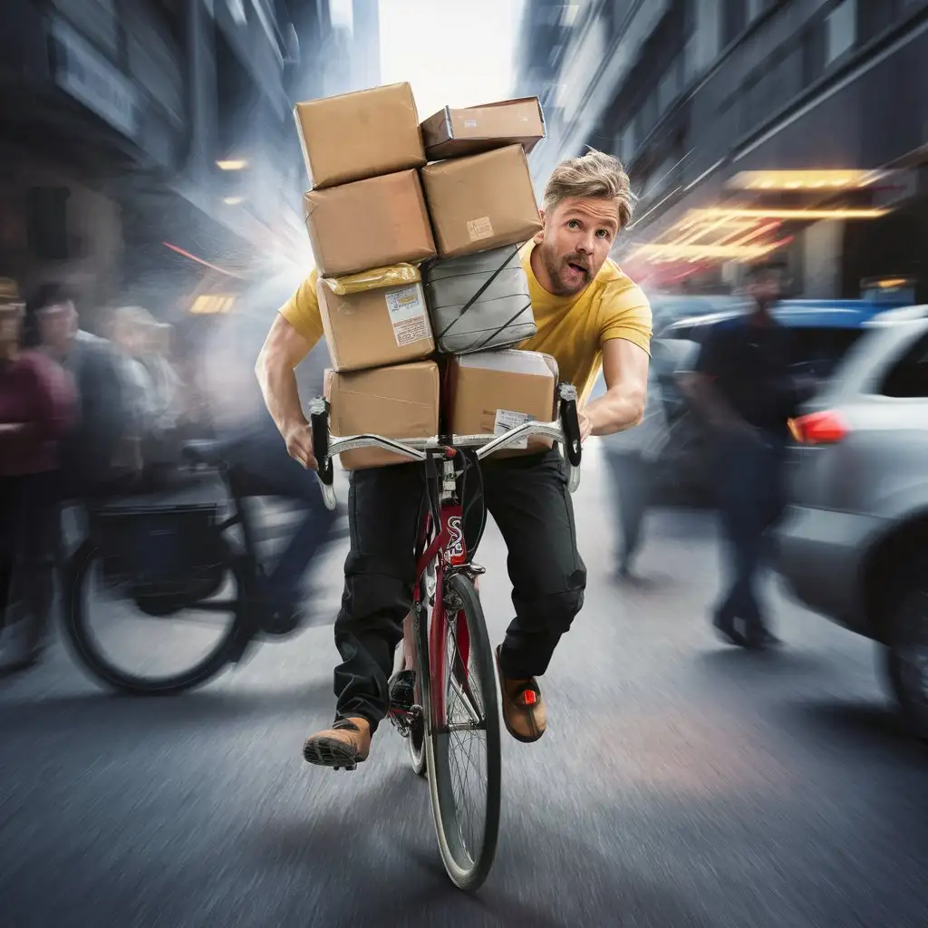harried male parcel deliverer with a light beard racing through the city on a bicycle. In front of the bicycle he has more than 8 packeges. He wears a yellow t-shirt and black pants with steel toes.