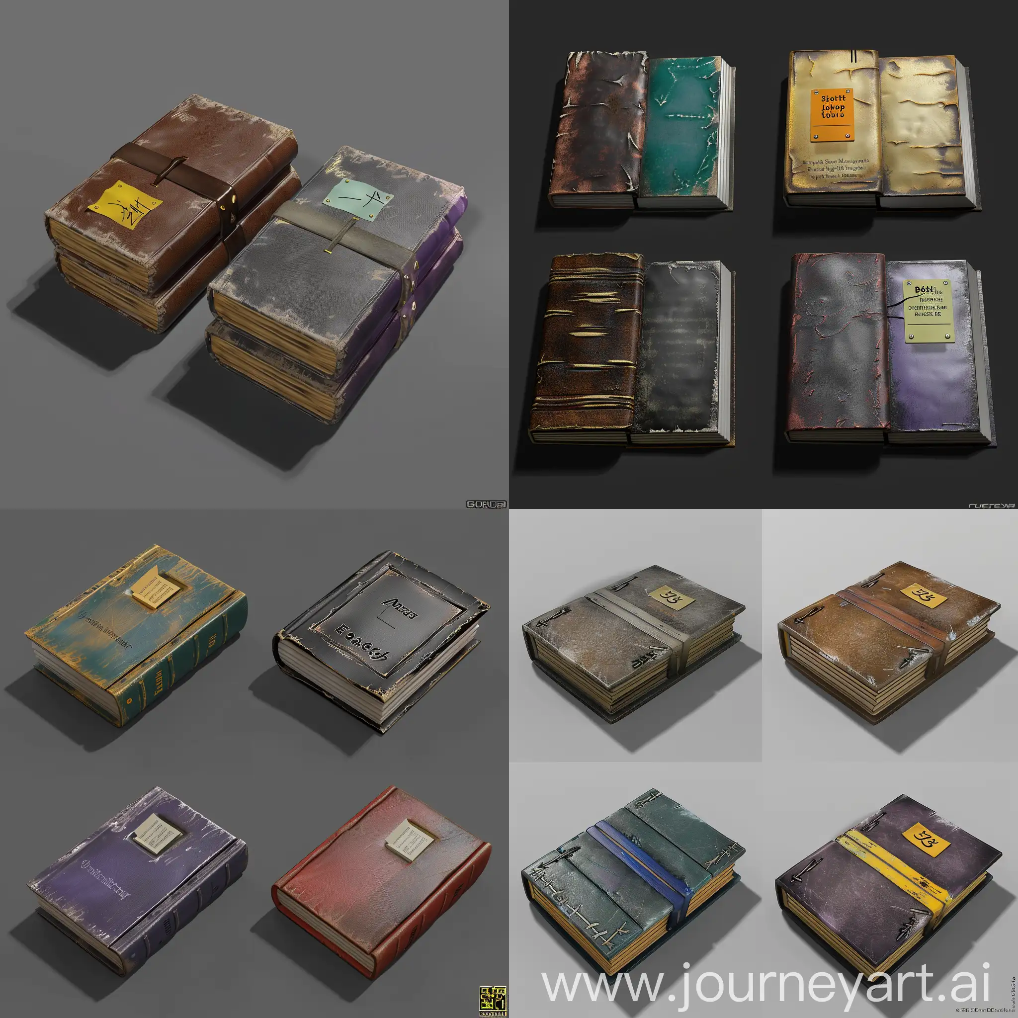 https://imgbly.com/ib/NhVu9noHmK.jpg realistic worn thin books without text in style of realistic 3d blender game asset, leather cover