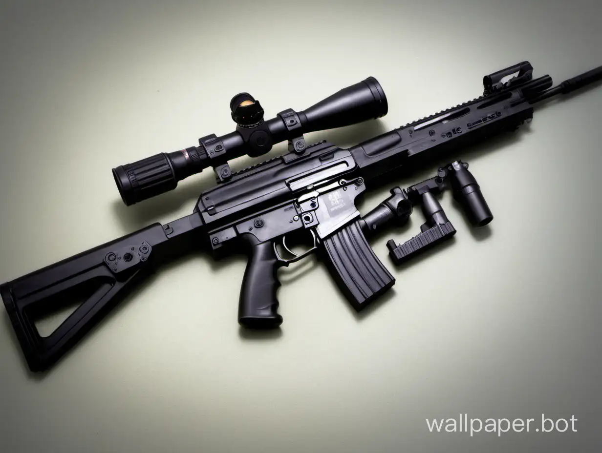 HK G3 combat rifle with telescopic sight and rails for accessories, an elongated barrel with a silencer.