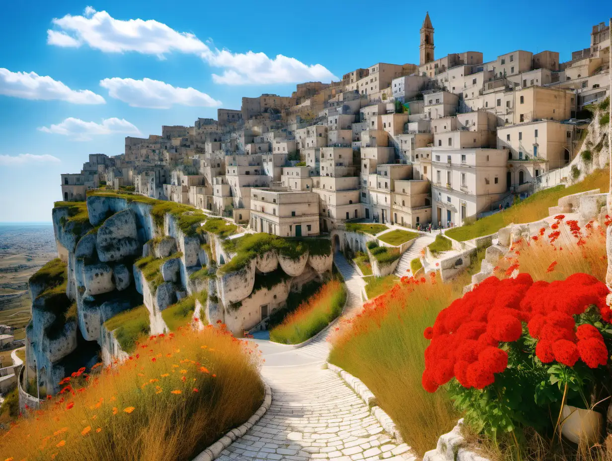 Vibrant Sassi di Matera Landscape Blossoming Flowers and Azure Sky