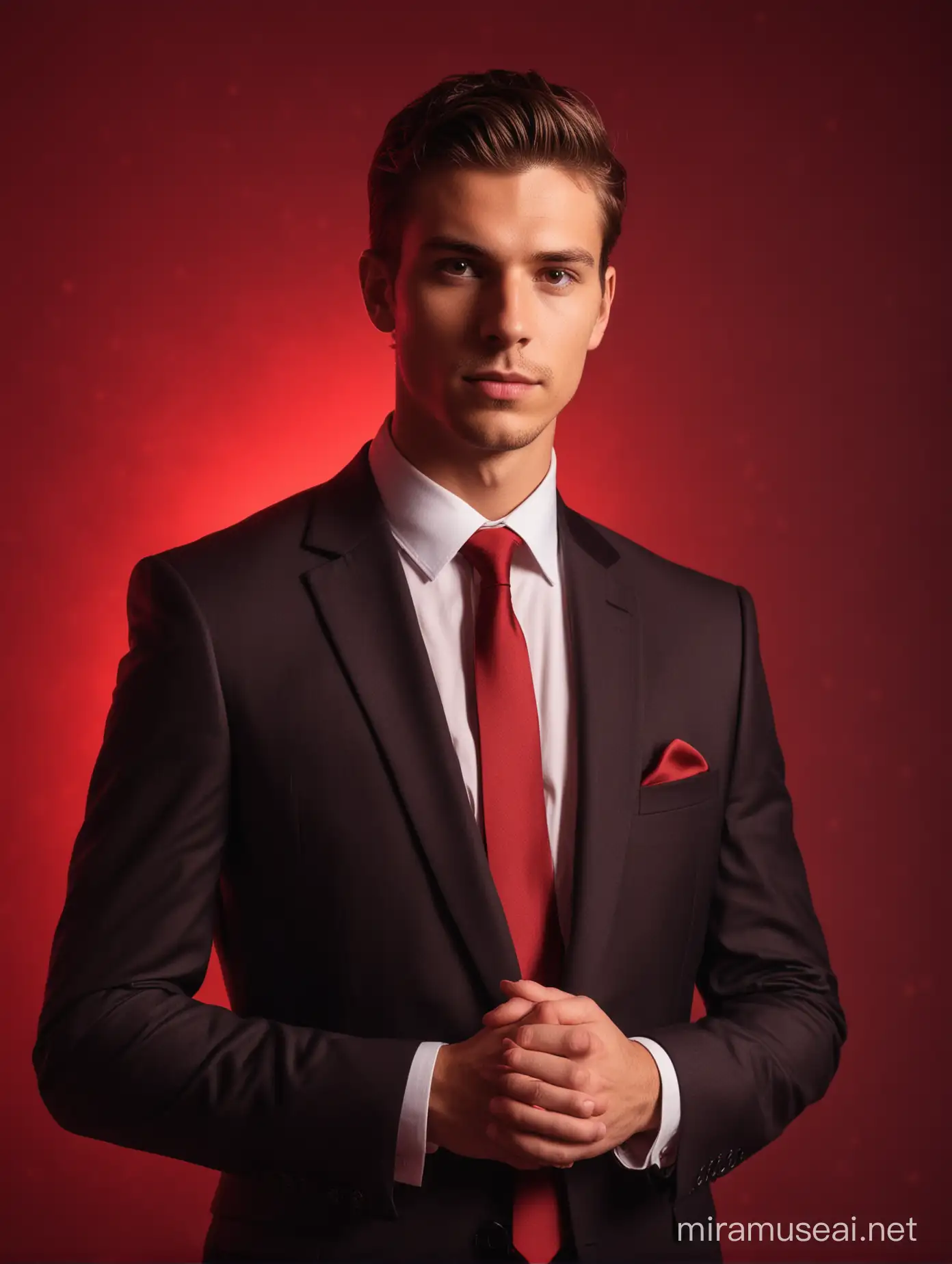 Stylish Young Man in Suit with Dramatic Red Backlight