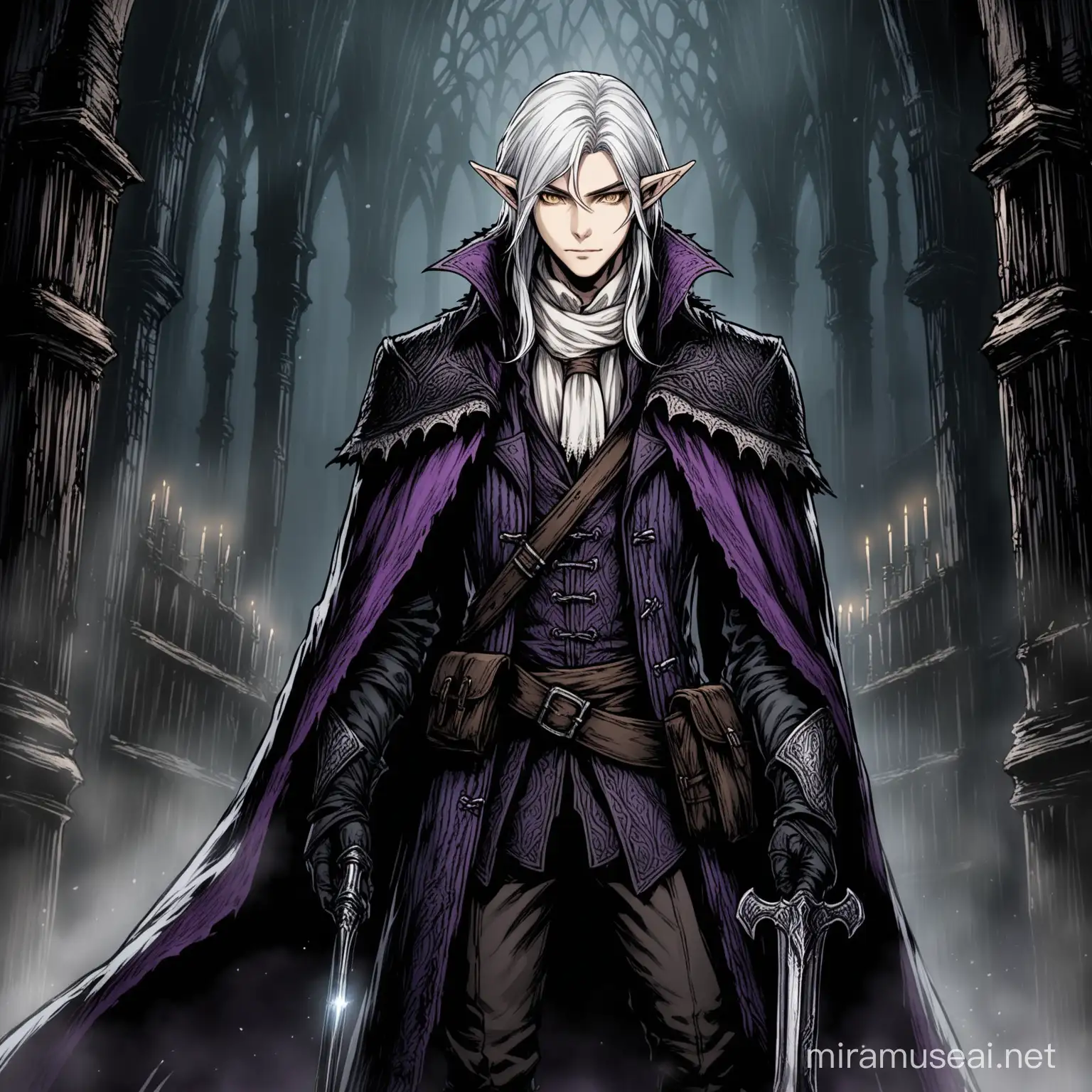 A male eldarin elf, with golden eyes, and silver white hair, dressed in color of black and purple, as a Bloodborne Hunter from the game Bloodborne.