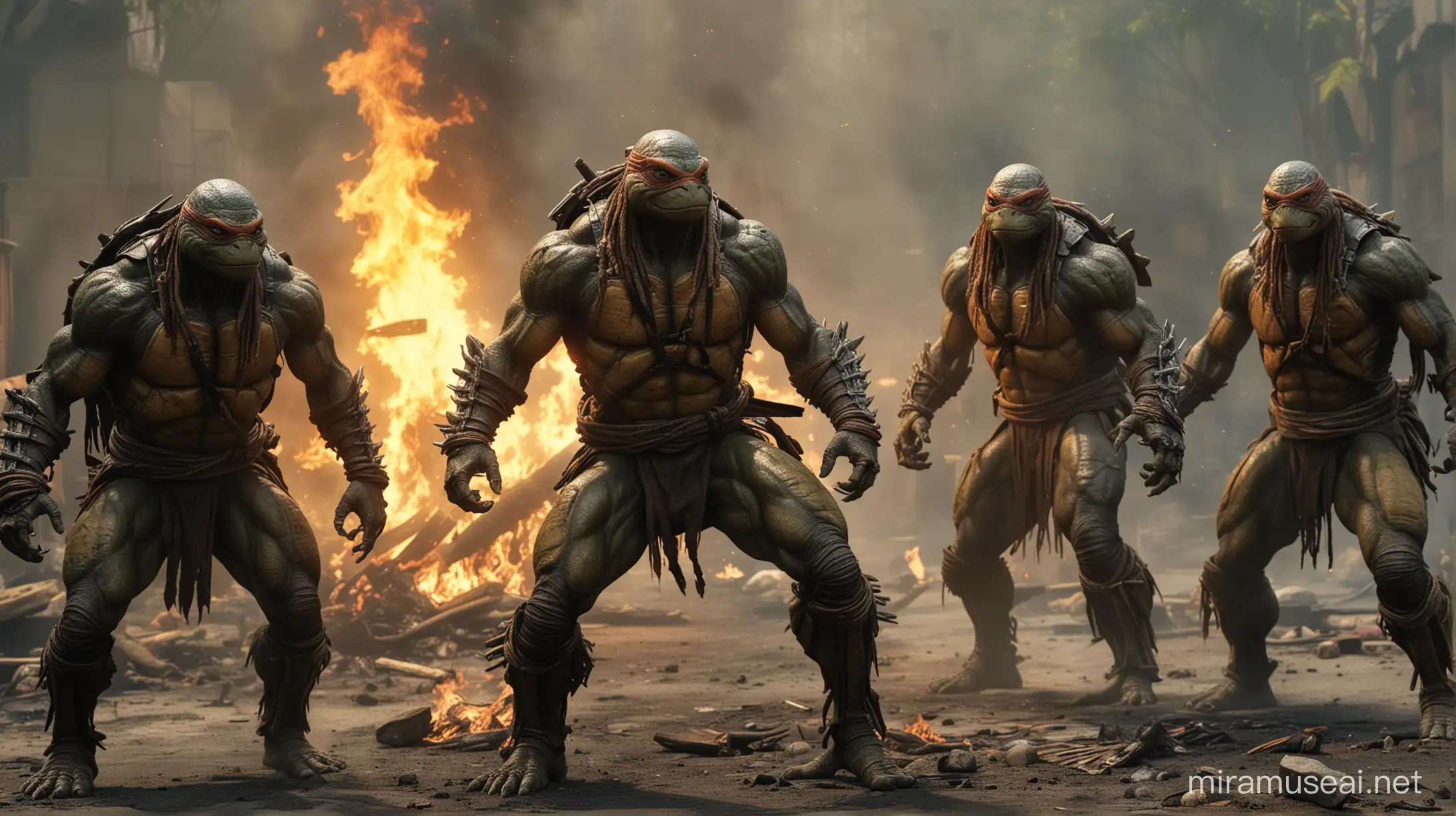 4 ninja turtle mexture of predator in action pose on coming from fire , full hd , 3d , ultra Hi detail ,