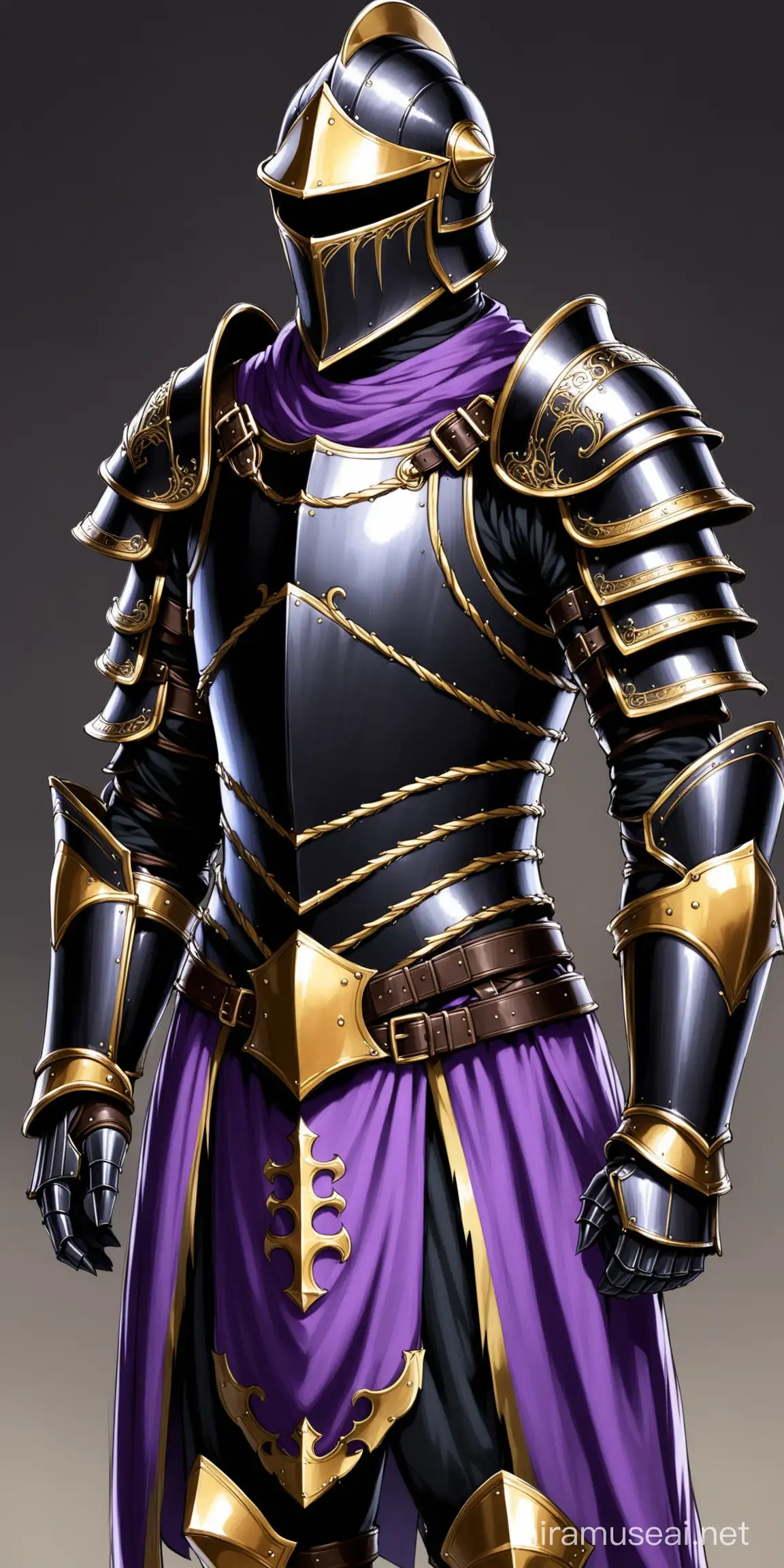 medieval obsidian knight armor, male, gold, purple, helmet, fabric accents, leather straps