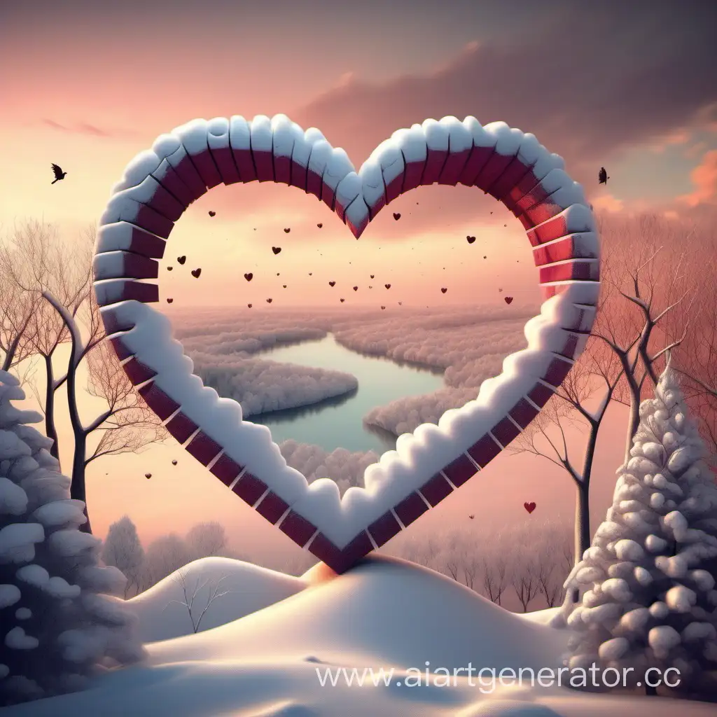 Большой символ сердца на фоне февральского пейзажа с настроением счастья и любви